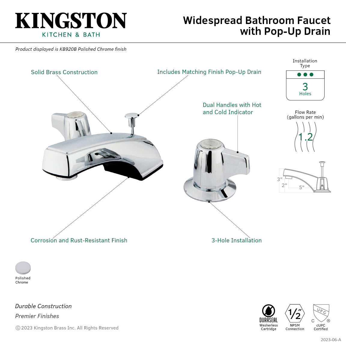 Americana KB920B Polished Chrome 3-Hole Widespread Bathroom Faucet with Pop-Up Drain - Two Handle Deck Mount Sink Faucet for Bathroom Vanity and Powder Room