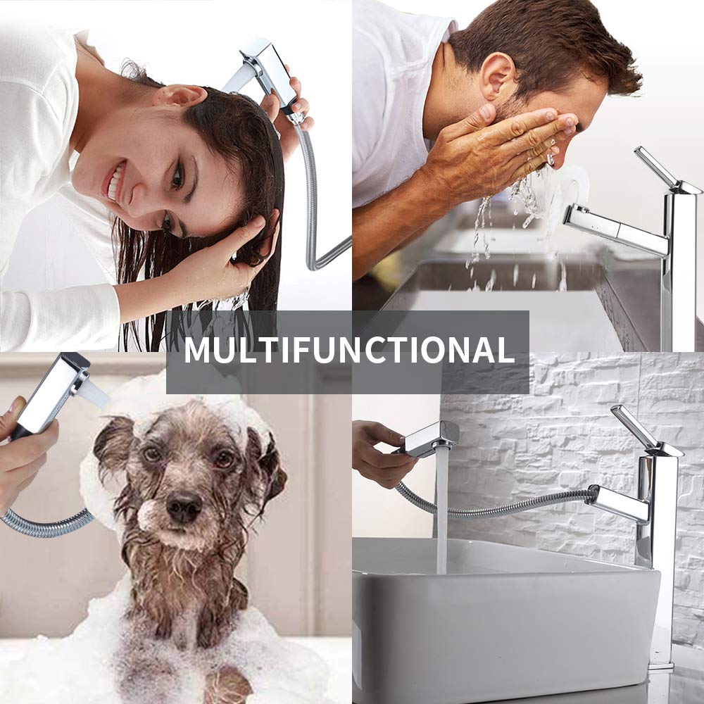KAIYING Pull Down Vessel Sink Faucet - Single Hole Bathroom Basin Faucet with Pull Out Sprayer & Rotating Spout - Tall Chrome Lavatory Mixer Tap for Modern Vanity & Utility Sink - Perfect for Home, Hotel, and Commercial Bathroom Renovations