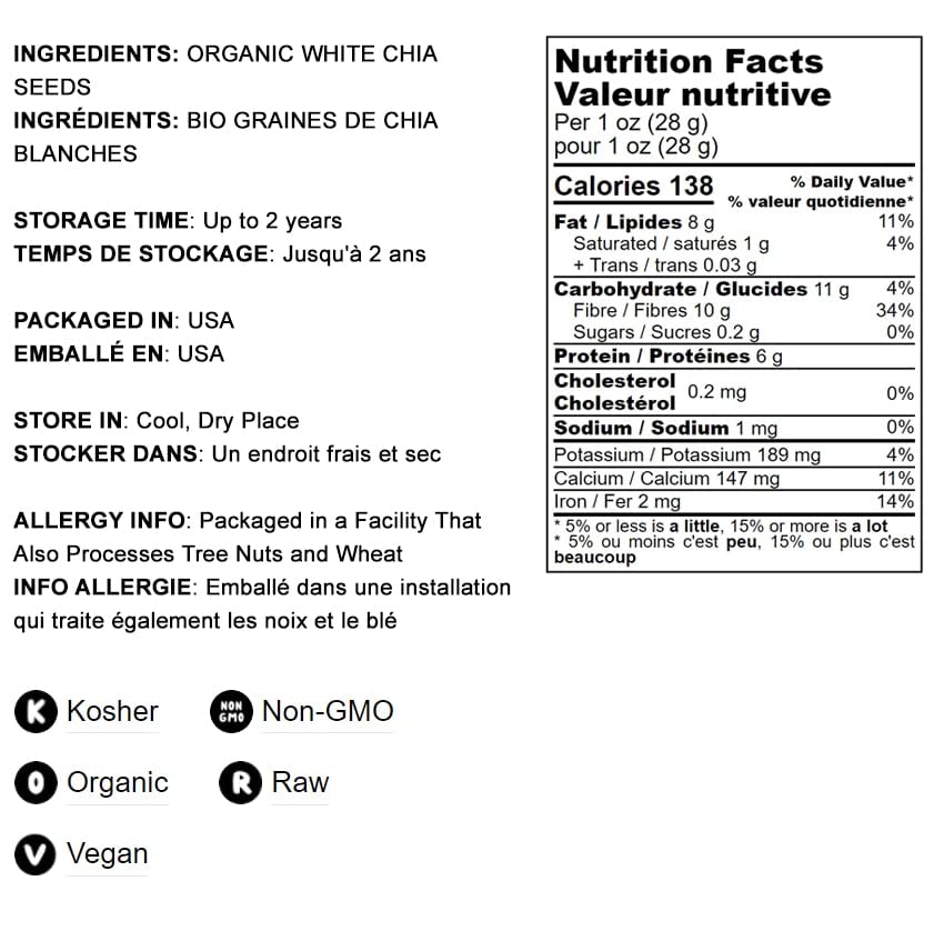Organic White Chia Seeds, 15 Pounds – Whole, Raw, Kosher, Keto, Vegan, Bulk – Rich in Omega 3, Omega 6, Fiber & Protein – Perfect for Smoothies, Baking, Weight Loss & Healthy Breakfast