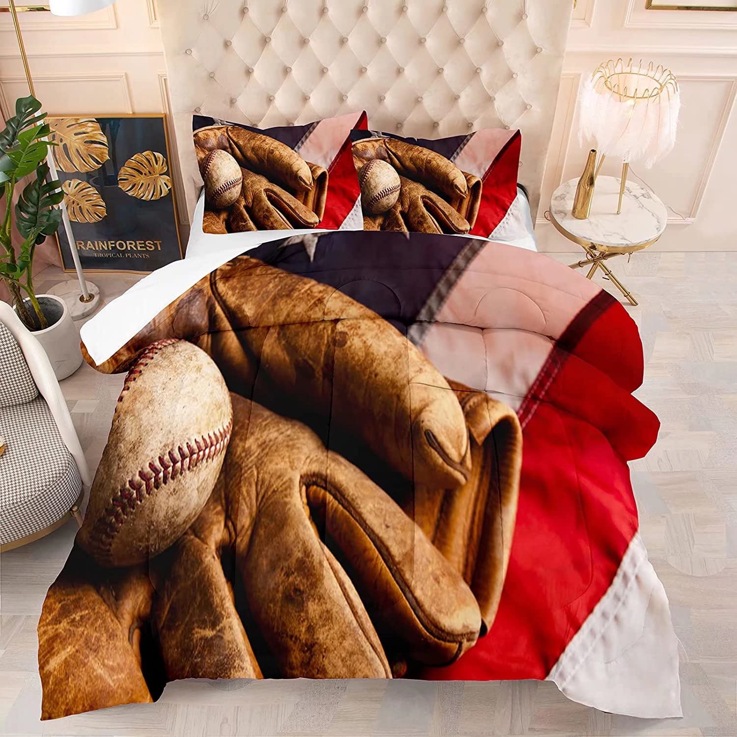 American Flag Baseball Comforter Set - Queen Size Sports Bedding with 1 Comforter & 2 Pillowcases for Teens, Boys & Adults | Perfect for Baseball Fans, Dorm Rooms & Sports-Themed Bedrooms