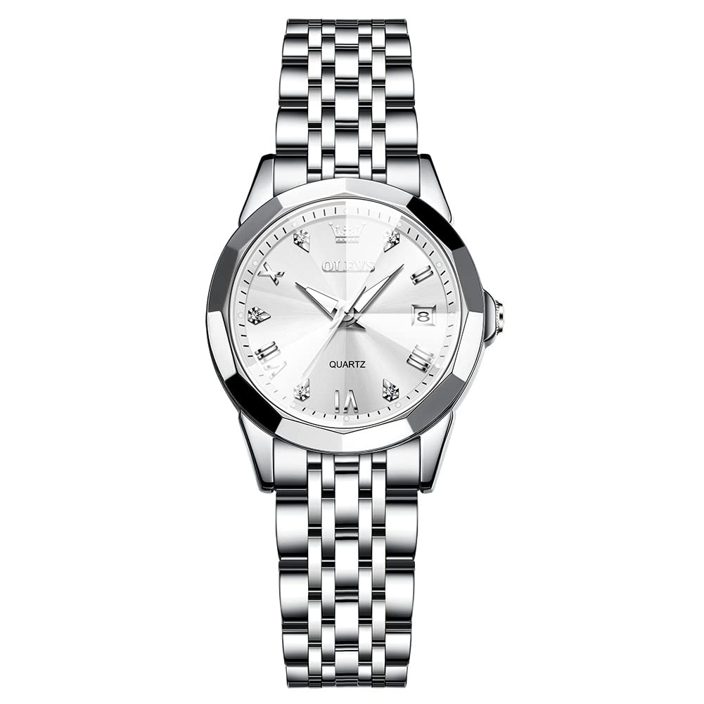 OLEVS Women's Stainless Steel Casual Watch - Elegant Diamond Roman Numerals Dress Watch for Small Wrist | Perfect for Office, Party & Everyday Wear
