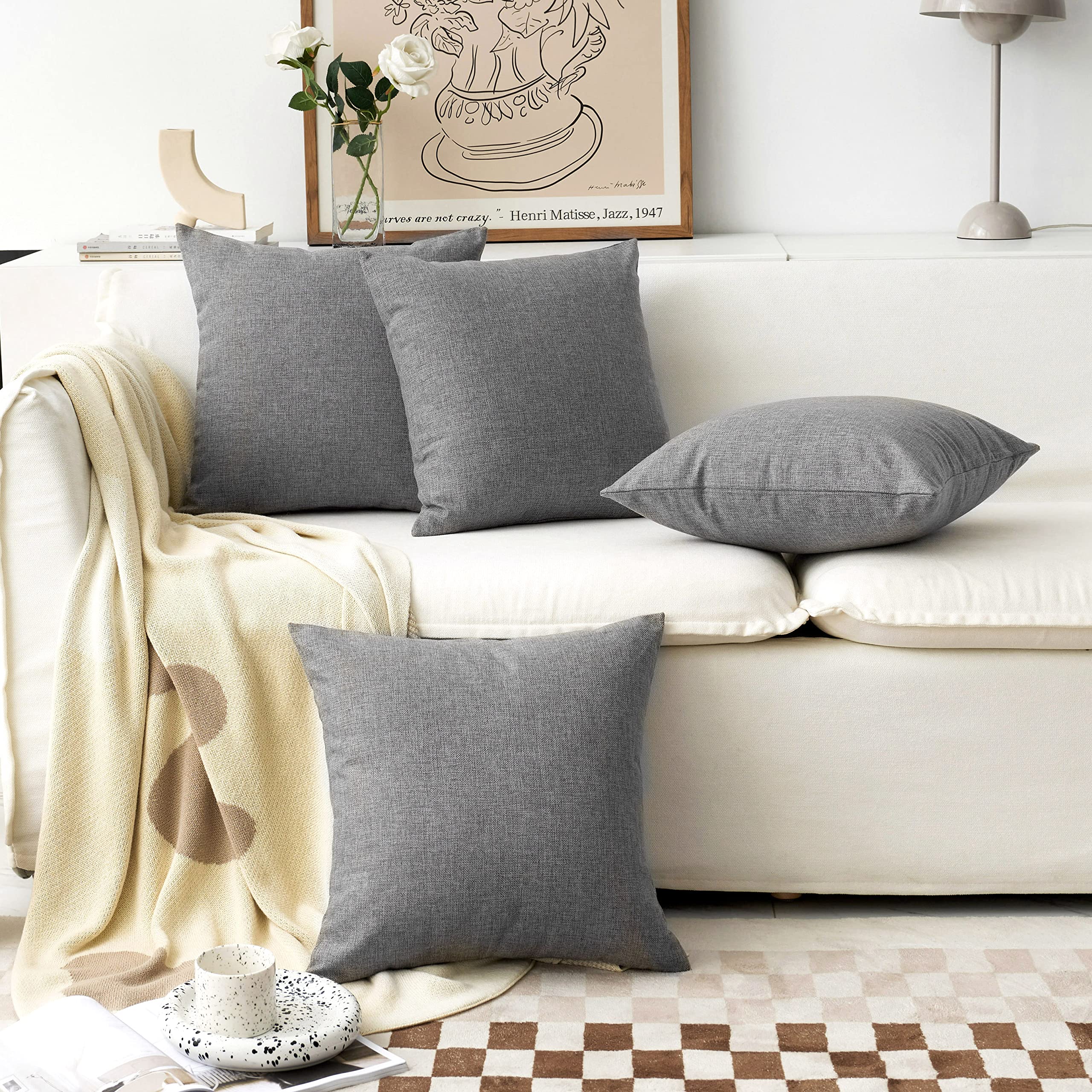 Premium Linen Square Throw Pillow Covers 18x18 Inch - 4 Pack Dark Grey Cushion Covers for Sofa, Bed & Home Decor - Soft & Durable Living Room & Bedroom Accent Pillow Cases