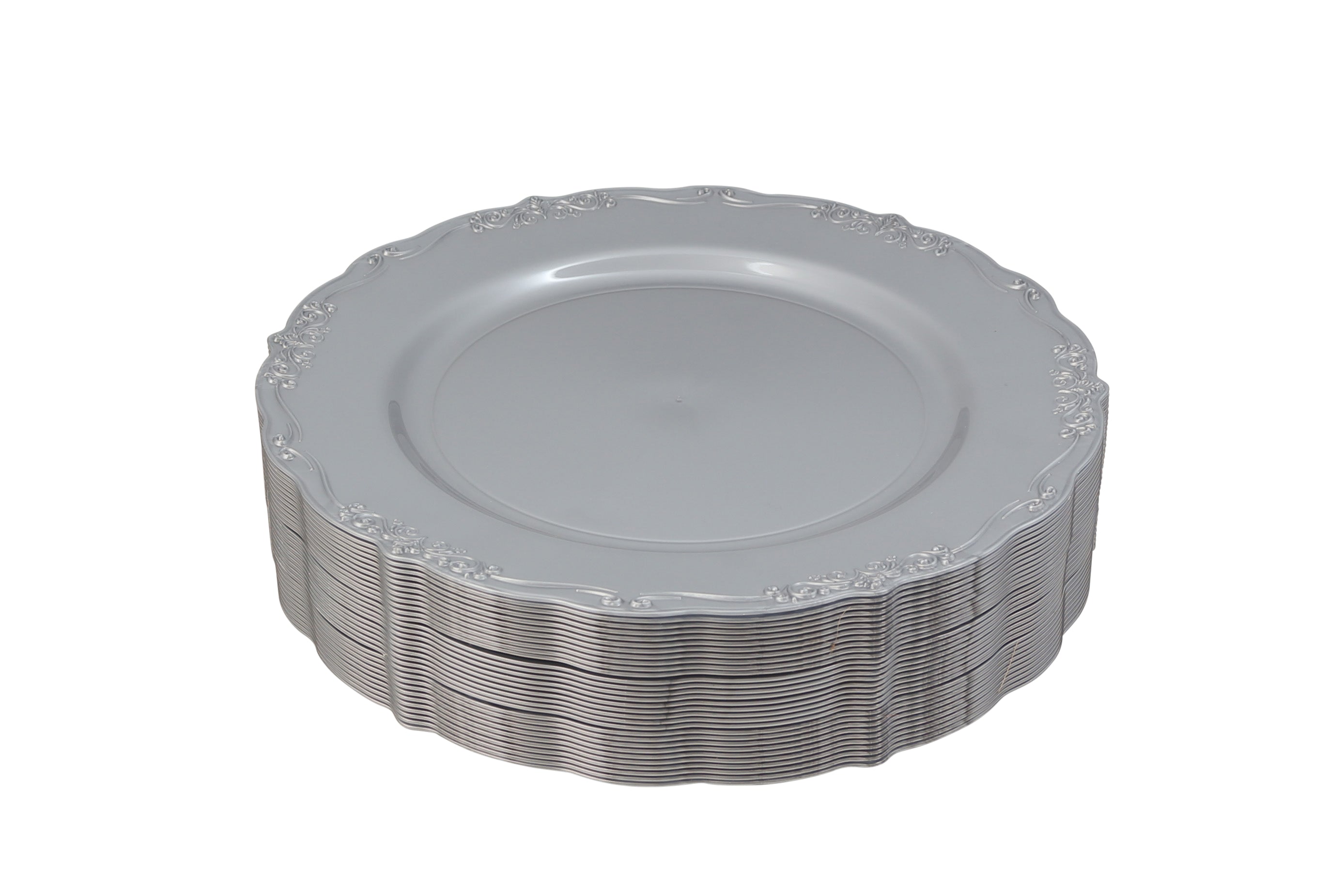 60-Piece Silver Round Plastic Dinnerware Set - Elegant Vintage Style for Parties, Picnics & Outdoor Dining - Durable Disposable Plates, Bowls & Cutlery