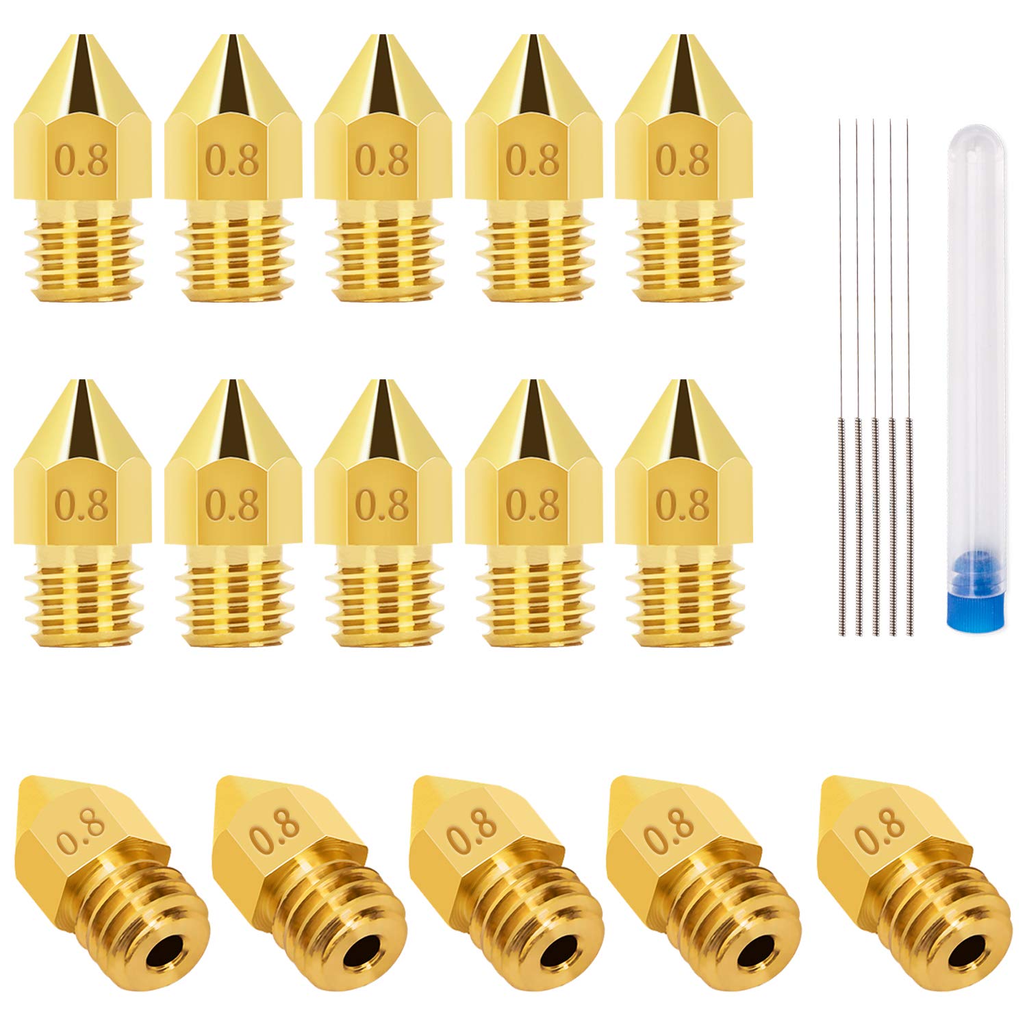LUTER 15-Pack 3D Printer Nozzle Kit - 10 x 0.8mm MK8 Extruder Nozzles + 5 x 0.6mm Stainless Steel Cleaning Needles - Compatible with Creality CR-10, Ender 3, Makerbot - Perfect for 3D Printing Maintenance & Nozzle Cleaning