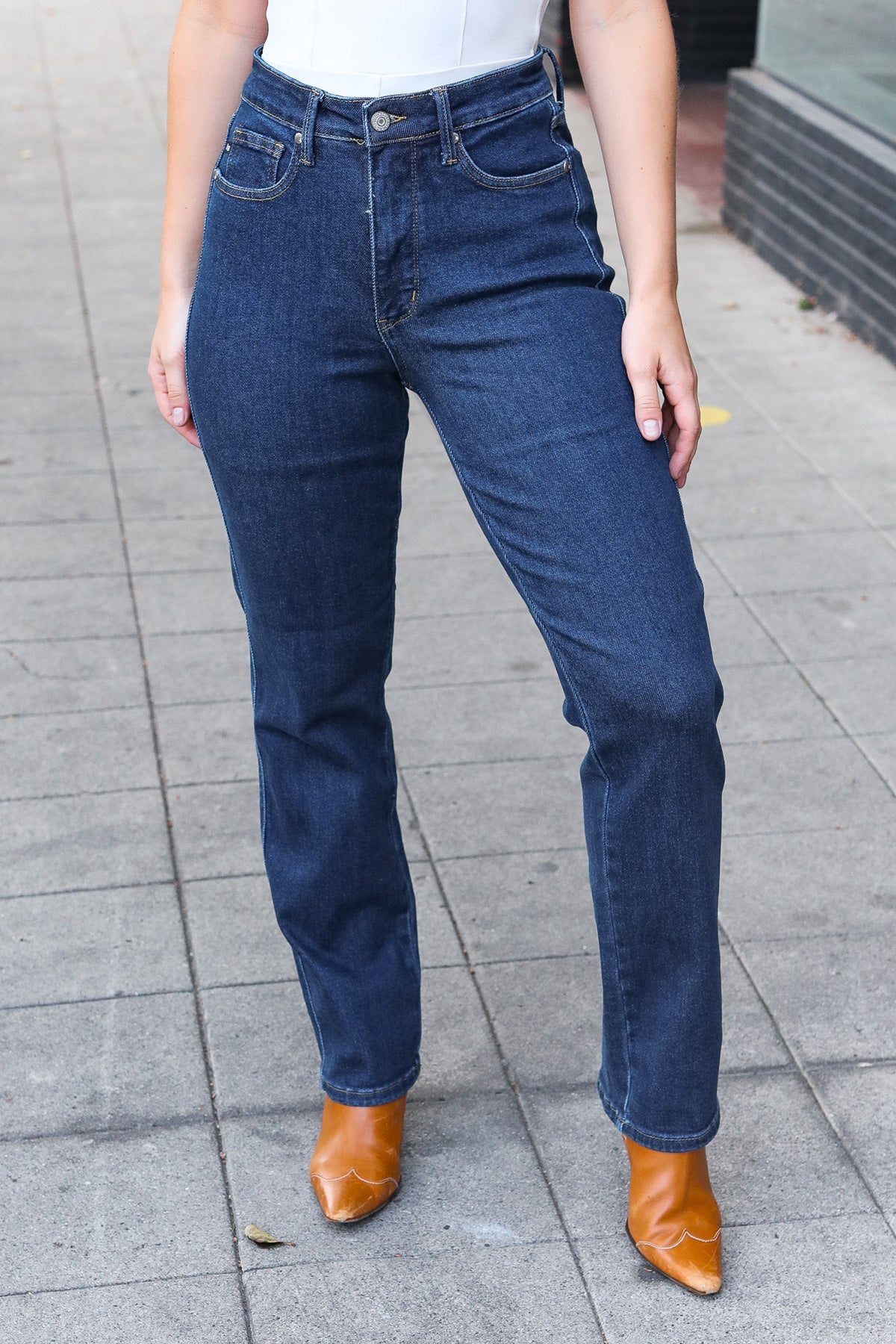 Judy Blue Dark Wash High Waisted Straight Fit Jeans for Women - Comfortable Stretch Denim Pants for Casual Wear & Everyday Outfits
