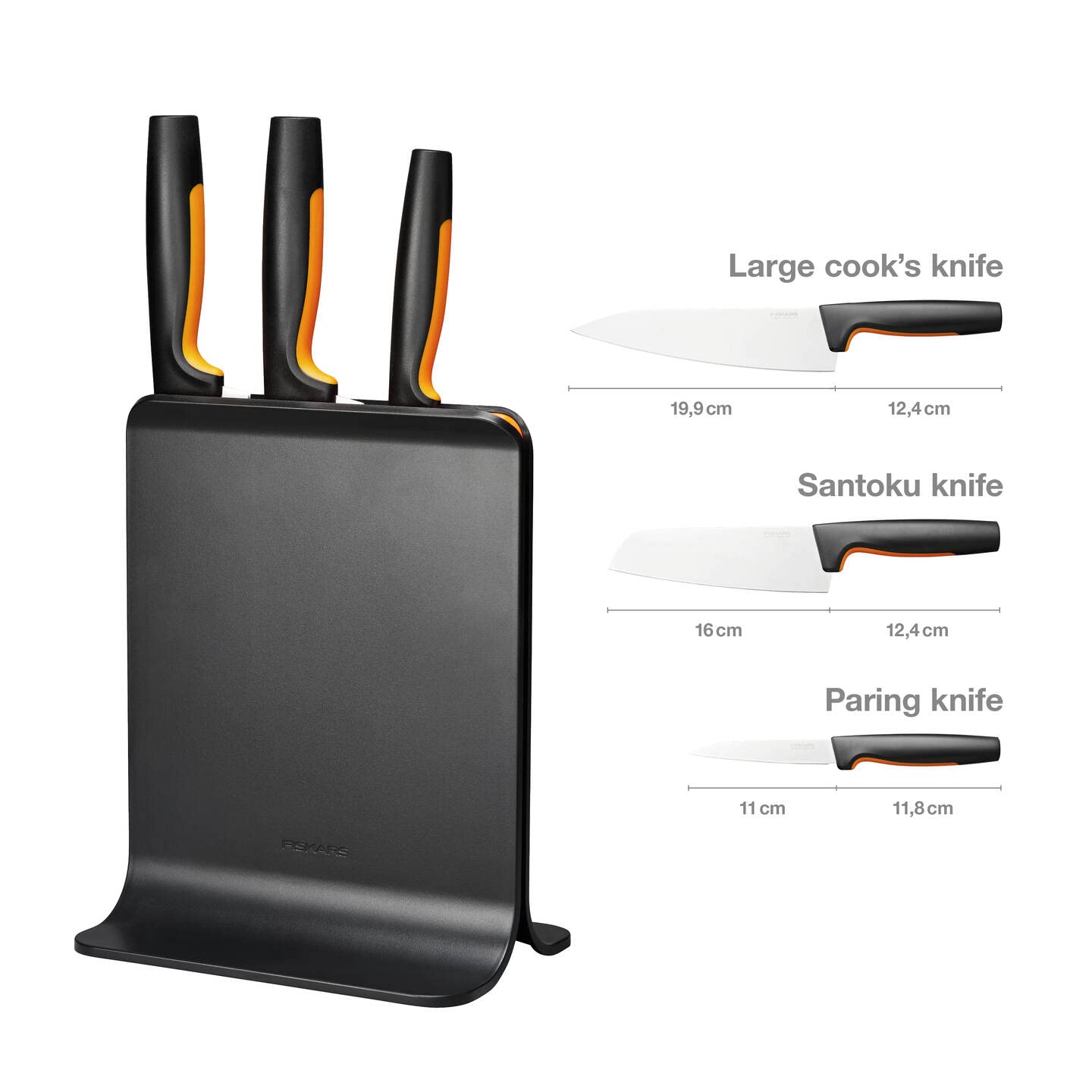 Fiskars 3-Piece Knife Set with Block - Includes Chef's, Santoku & Vegetable Knives - Ergonomic Kitchen Knives for Precise Cutting - Black Plastic Knife Holder - Perfect for Home Cooking & Meal Prep