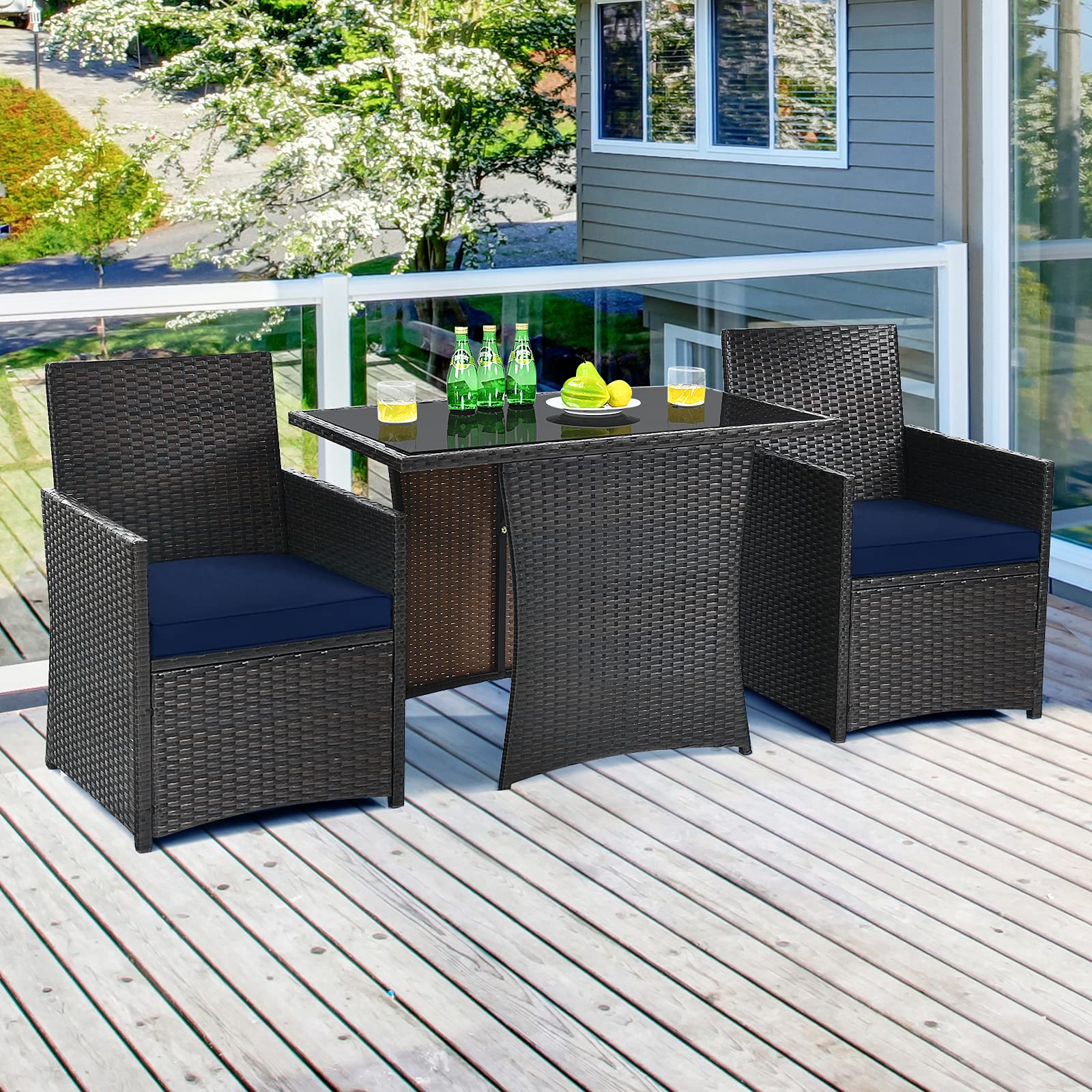 Tangkula 3-Piece Outdoor Dining Set - Space-Saving PE Rattan Bistro Set with Tempered Glass Table & Cushioned Chairs - Perfect for Garden, Backyard, Poolside, Patio, Porch & Balcony (Blue) | Weather-Resistant Outdoor Furniture for Relaxing & Entertaining