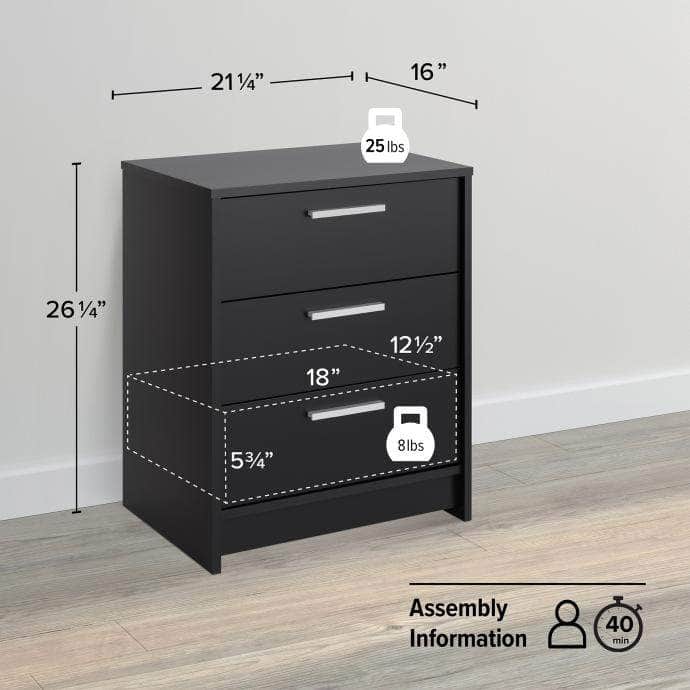 Black 3-Drawer Nightstand - Modern Bedside Table with Storage for Bedroom, Living Room & Office | Studio Essentials Collection