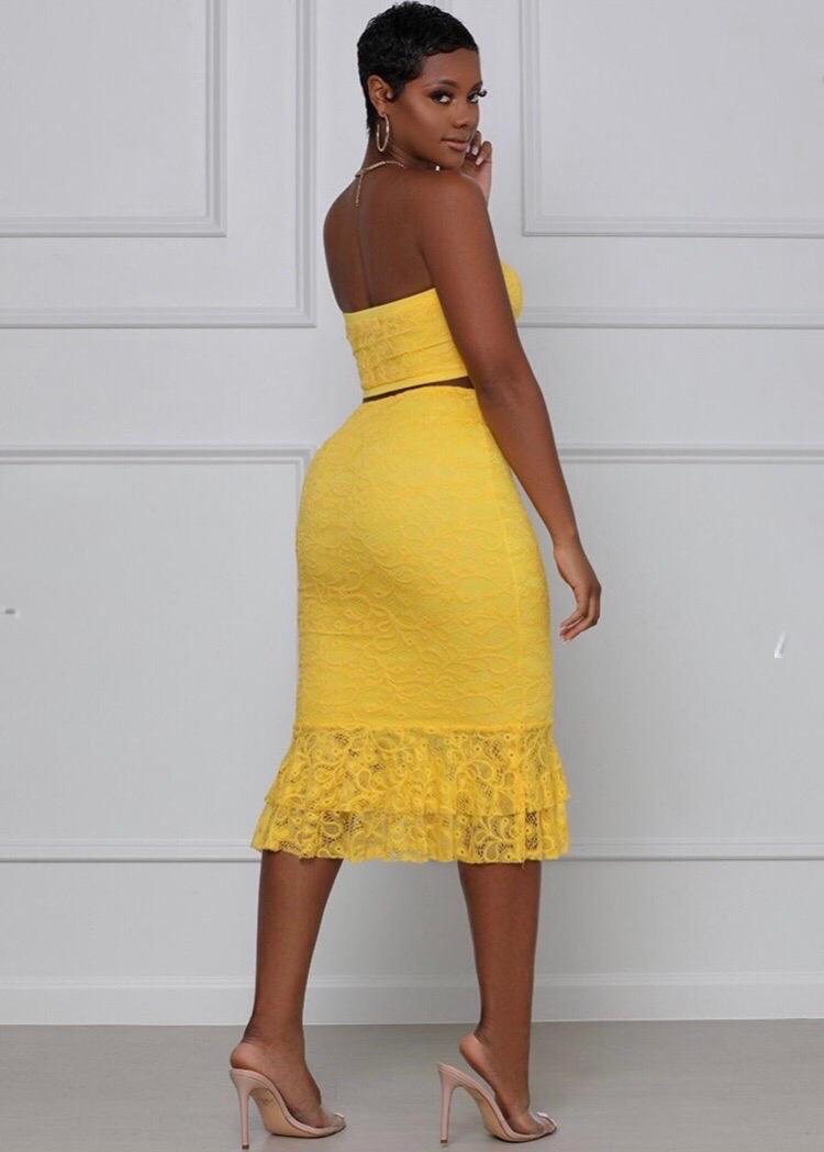 Melody Lace Bandeau 2 Piece Midi Skirt Set - Women's Floral Lace Crop Top & High Waist Skirt Outfit for Summer Beach, Party & Date Night