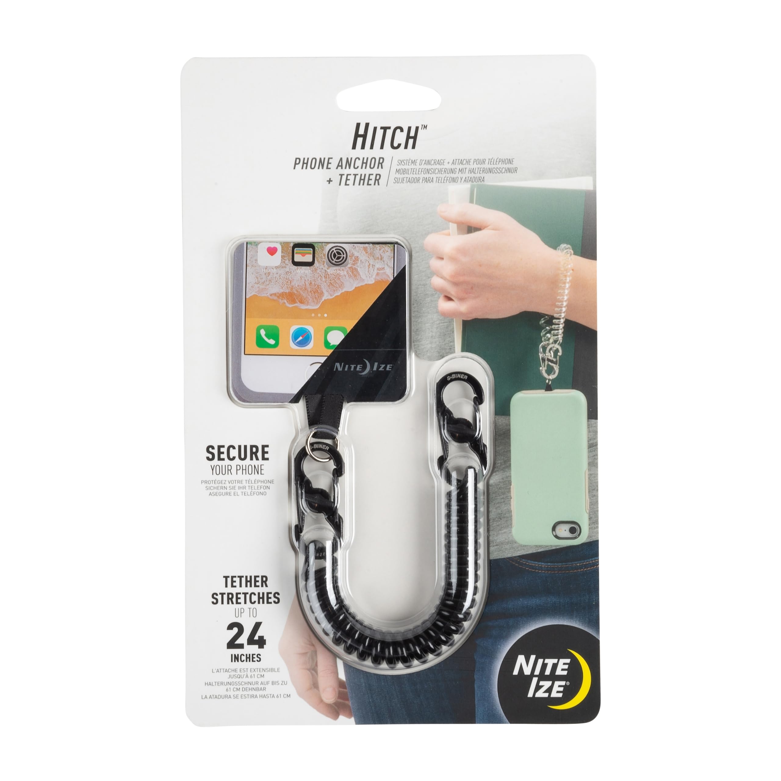 Nite Ize Hitch Phone Anchor and Tether - Anti-Theft Cell Phone Lanyard Accessories - Secure Phone Case Anchor for Drop Protection - Black Tether - Perfect for Travel, Hiking, and Outdoor Activities