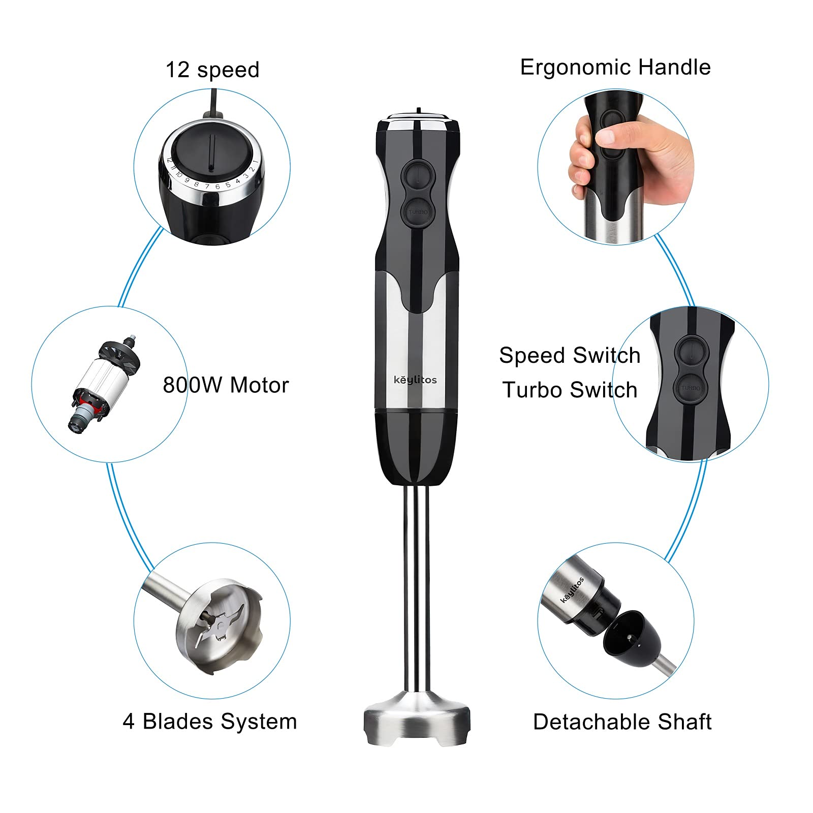 Keylitos 5-in-1 Immersion Hand Blender - 12-Speed Powerful Stick Blender with 304 Stainless Steel Blades, Food Chopper, Mixing Beaker, Whisk & Milk Frother - Perfect for Smoothies, Baby Food, Sauces, Purees & Soups - Ideal for Home Kitchen, Restaurant & Meal Prep