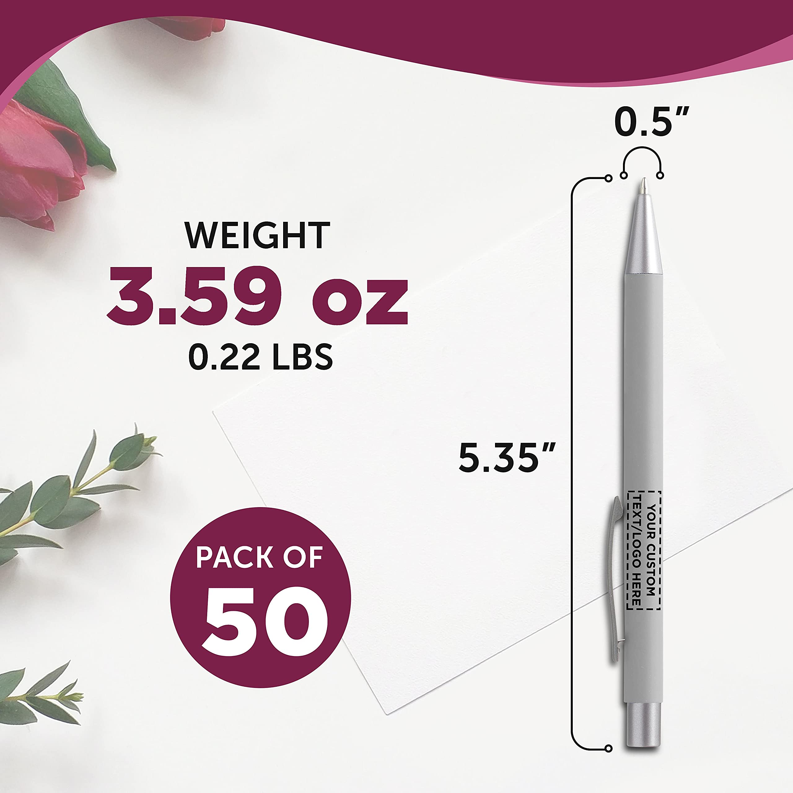 50 Pack Cordova Rubber Coated Metal Pens - Customizable with Text & Logo - Smooth Writing Push Action Ballpoint Pens with Black Ink (Grey) - Perfect for Office, School, Corporate Gifts & Promotional Events