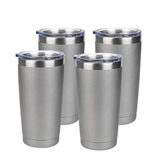 Premium 20 oz Stainless Steel Vacuum Insulated Tumbler - 4 Pack Double Wall Travel Mug with Leakproof Lid, Keeps Hot/Cold for Hours - Perfect for Coffee, Tea, Iced Drinks at Home, Office, Gym, Camping & Outdoor Activities (Grey)