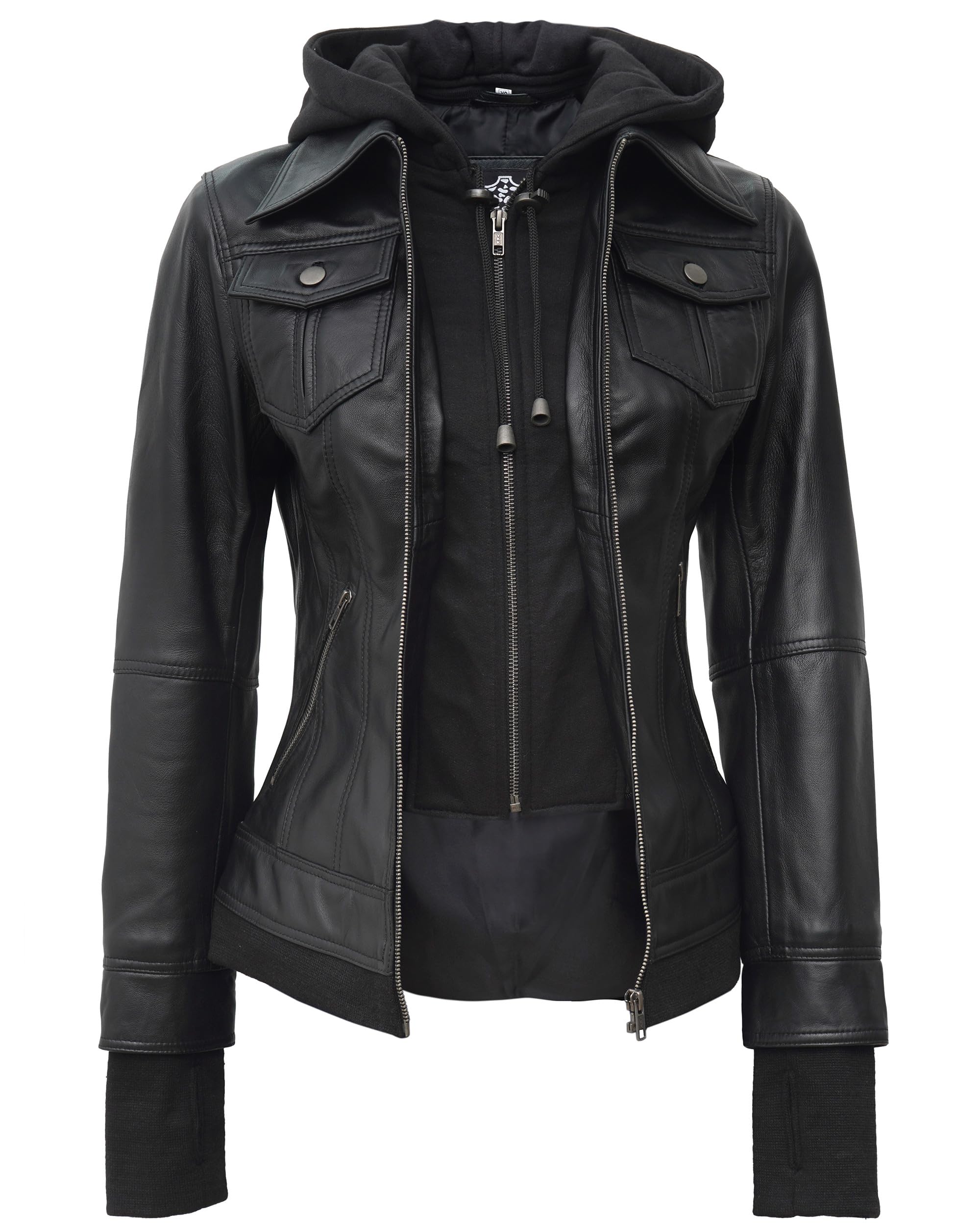 Decrum Women's Hooded Leather Jacket - Genuine Lambskin Biker Jacket with Detachable Hood | Stylish Outerwear for Motorcycle Riding, Night Out & Fall Fashion