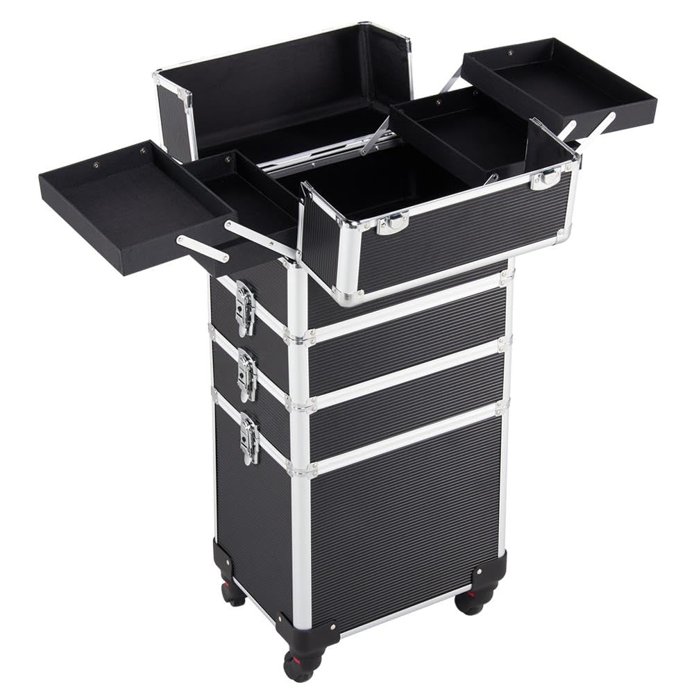Topeakmart 4-in-1 Professional Rolling Makeup Case - Large Cosmetic Train Case & Travel Makeup Organizer with Removable Wheels (Black) | Perfect for Makeup Artists, Travel & Salon Storage