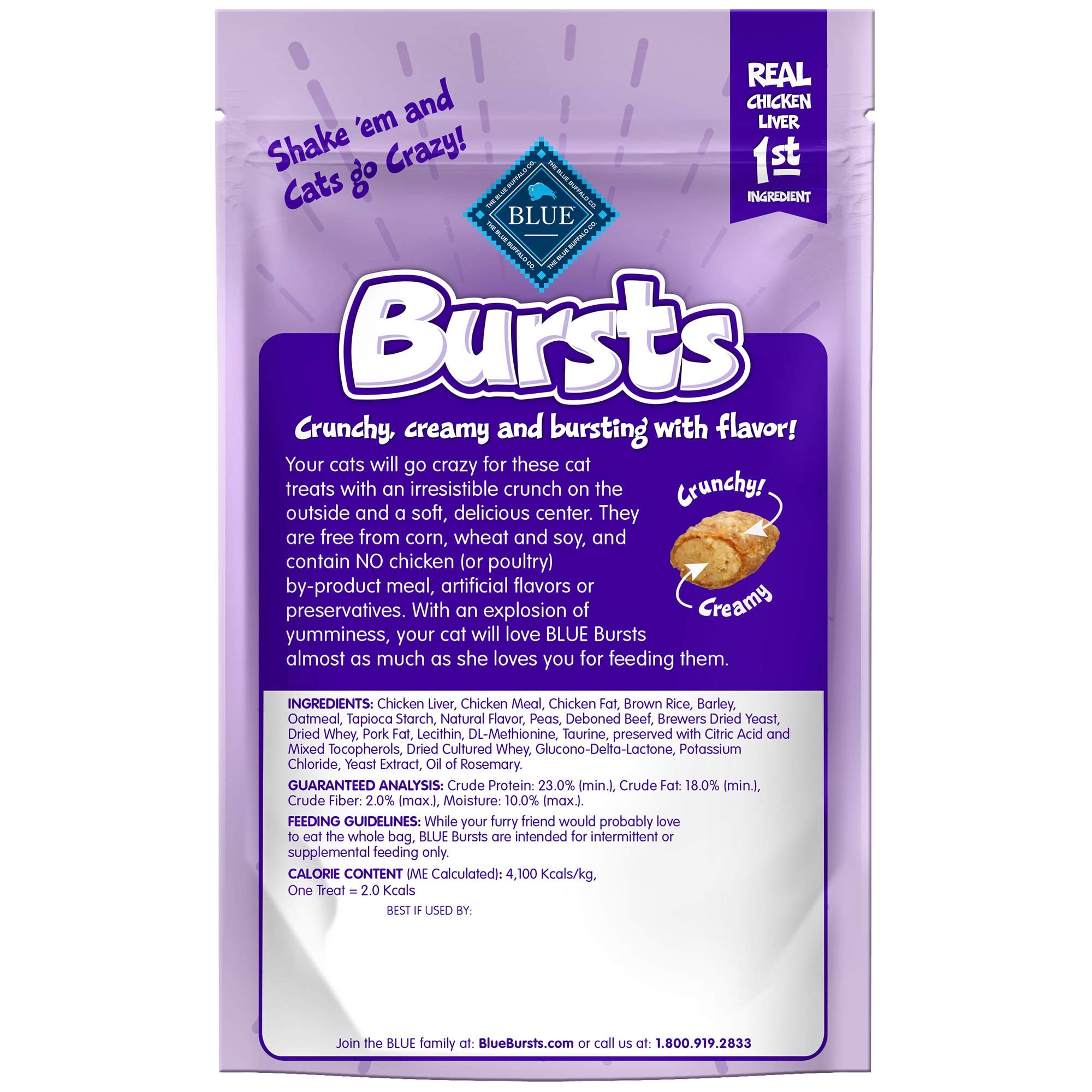 Blue Buffalo Bursts Crunchy Cat Treats - Chicken Liver & Beef Flavor (6 Pack, 2-oz Bags) | High-Protein Snacks for Indoor & Outdoor Cats | Perfect for Training, Rewards & Bonding Time