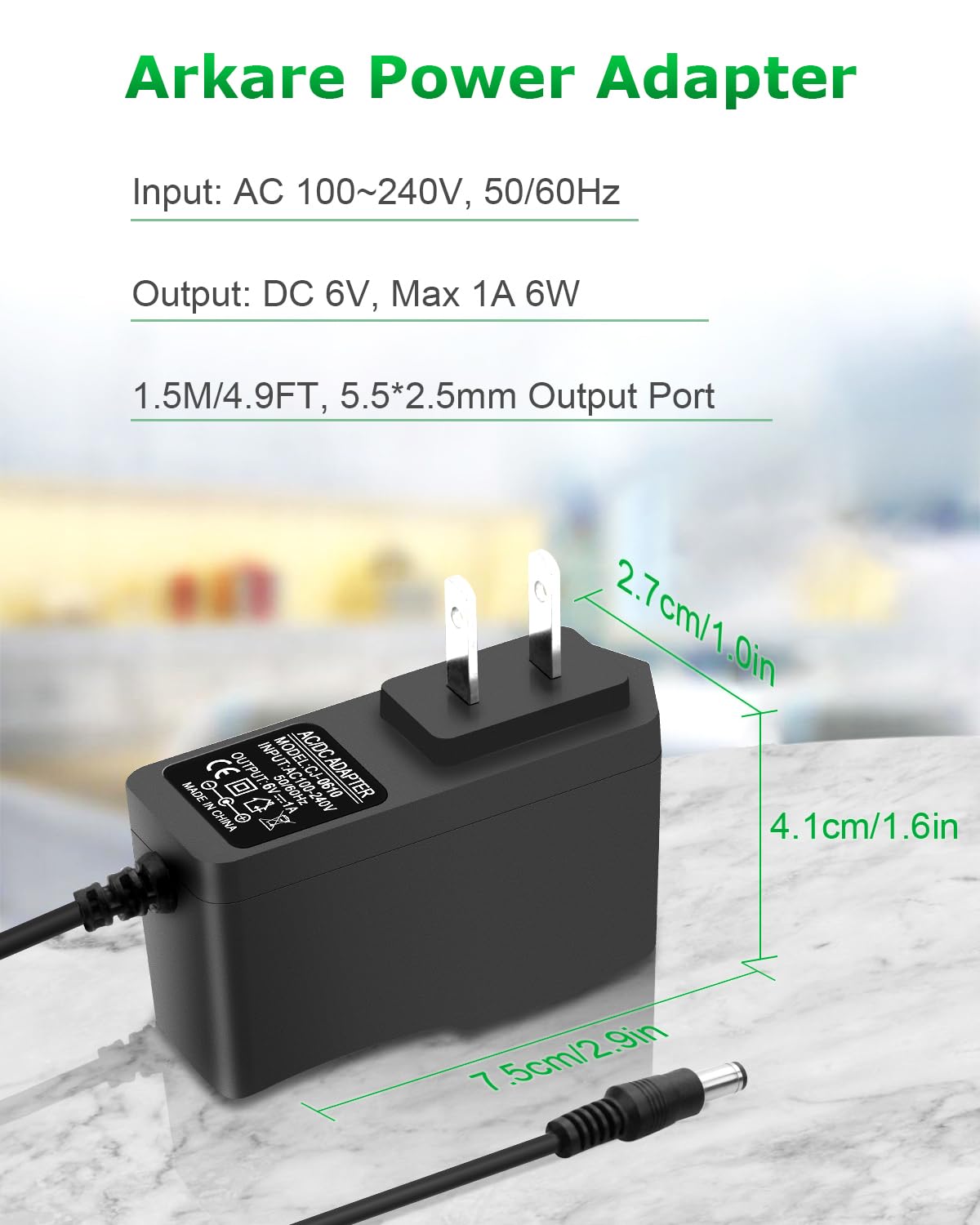 Arkare 6V 1A Power Adapter - AC 100V-240V to DC 6 Volt 1Amp Charger for Trash Can Doorbell, Alarm Monitor, Baby Swing, Electronic Scale, Radio & Speaker - Universal 6V Power Cord for Home & Office Electronics
