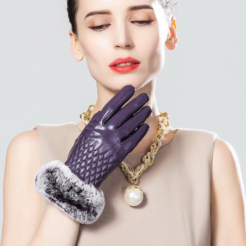 Women's Winter Leather Gloves with Rex Rabbit Fur Cuff - Warm Touchscreen Gloves for Cold Weather, Driving, and Outdoor Activities