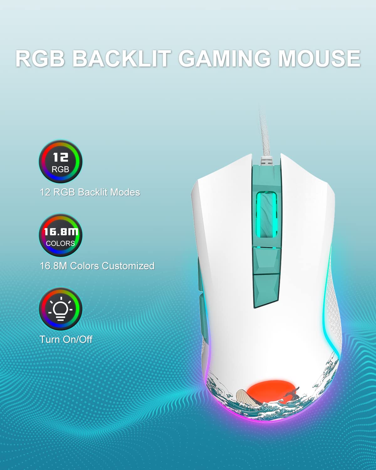 COSTOM G705 Wired RGB Gaming Mouse - 12000DPI Adjustable, 7 Programmable Buttons - USB PC Gaming Mouse for Windows/Mac Laptop - Coral Sea Theme - Perfect for FPS, MOBA & MMO Games