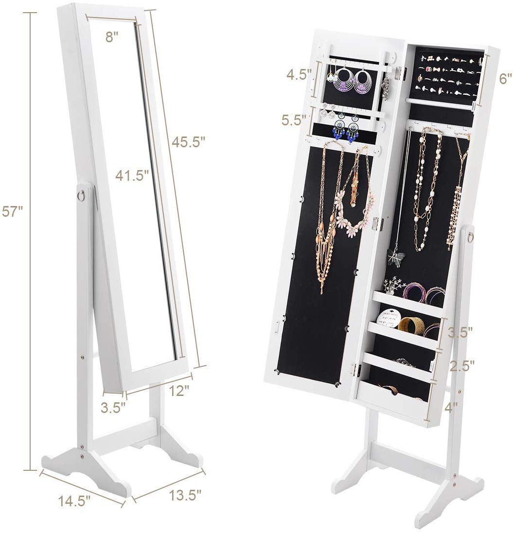 HOMGX White Wooden Standing Jewelry Cabinet with Mirror - Jewelry Armoire Organizer for Necklaces, Rings & Earrings - Perfect for Bedroom, Closet & Dressing Room Storage