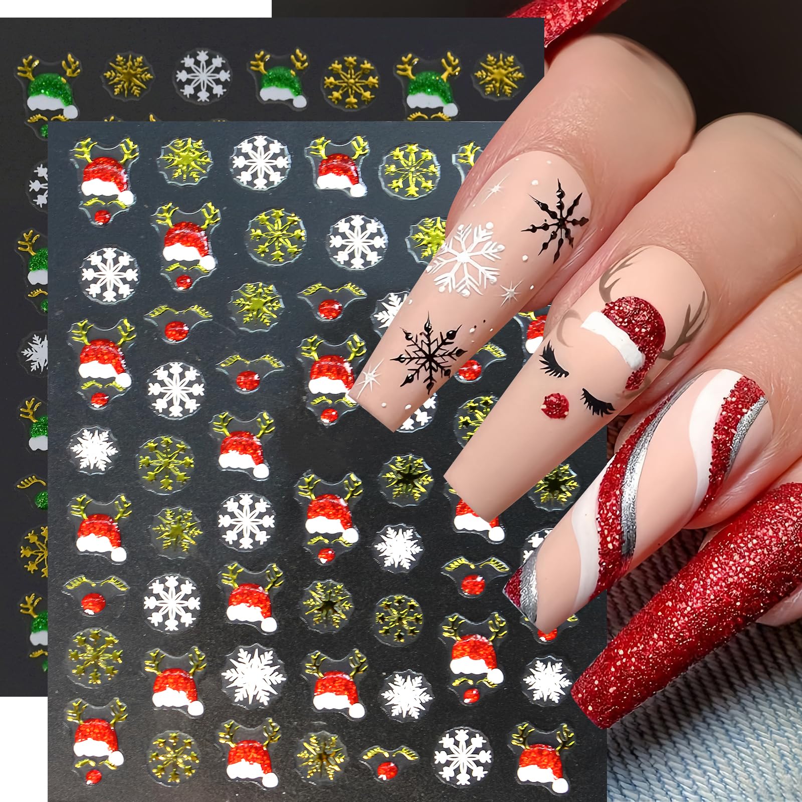 8 Sheets Christmas Nail Stickers - 3D Self-Adhesive Gingerbread Man, Snowmen, Elk & Santa Hat Nail Art Decals with Red Green Glitter for Holiday Manicure | Perfect for Xmas Parties, Gift Giving & Winter Nail Art Designs