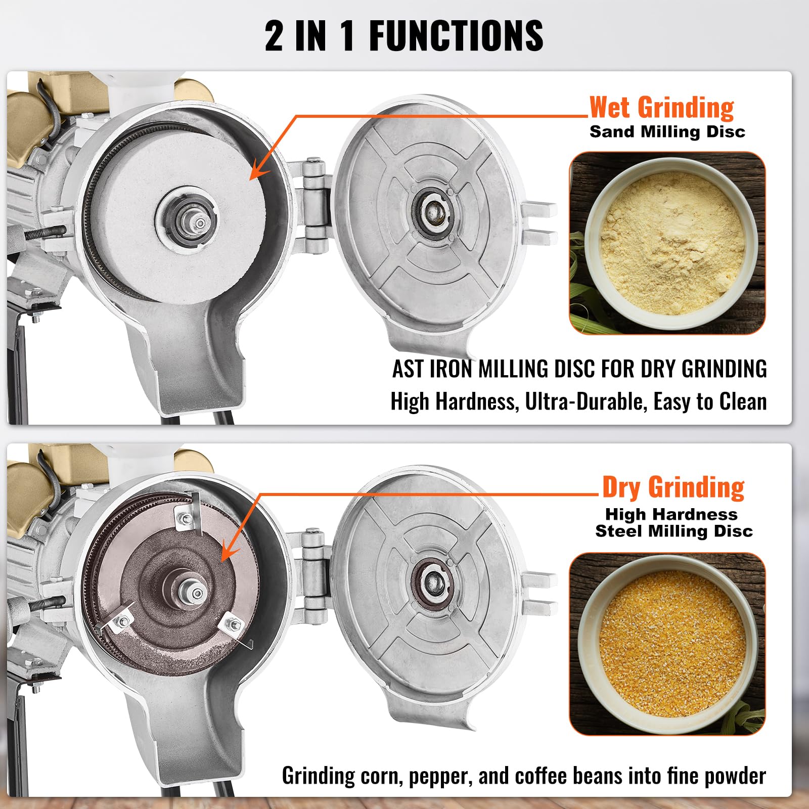 VEVOR 3000W Commercial Electric Grain Mill Grinder - Adjustable Corn Wheat Spice Grinder for Flour, Cereal & Feed - Heavy Duty Dry & Wet Powder Machine with Funnel - Perfect for Bakeries, Restaurants & Home Kitchens