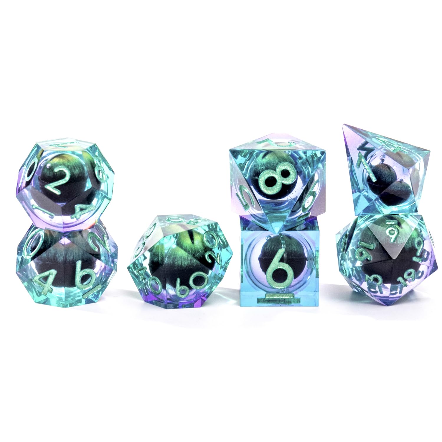 D&D Dragon Eye Dice Set - 7-Piece Sharp Edge Liquid Core Resin Handmade Dice with Cat Eye Effect for Dungeons & Dragons, RPG, TTRPG (Green Purple Dragon Eye) - Perfect for Tabletop Gaming, Gift Giving & Roleplaying Adventures