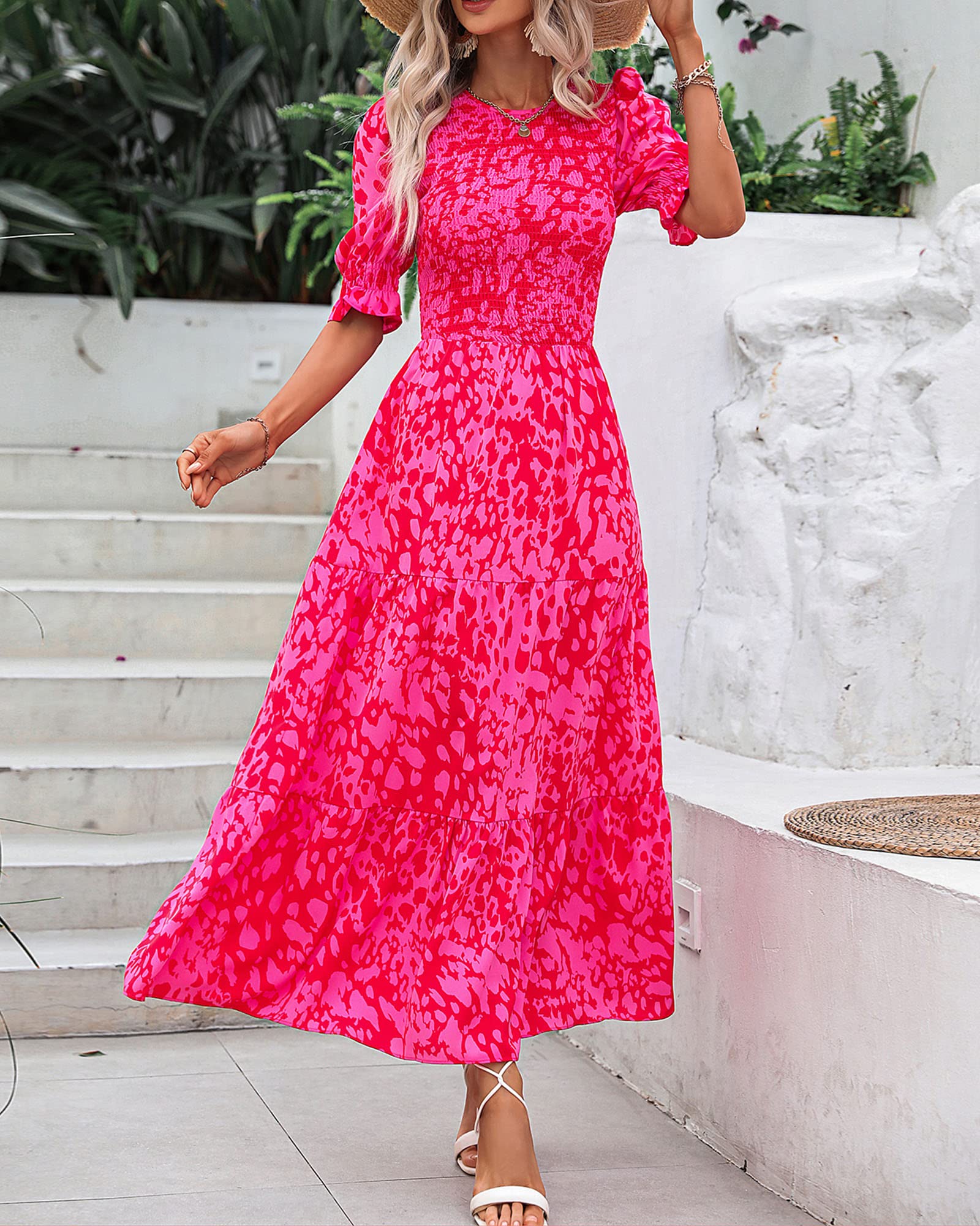 BTFBM Women's Floral Print Boho Maxi Dress - Summer & Spring Casual Dress with Crew Neck, Ruffles & Short Sleeves | Perfect for Beach Vacations, Date Nights & Outdoor Events