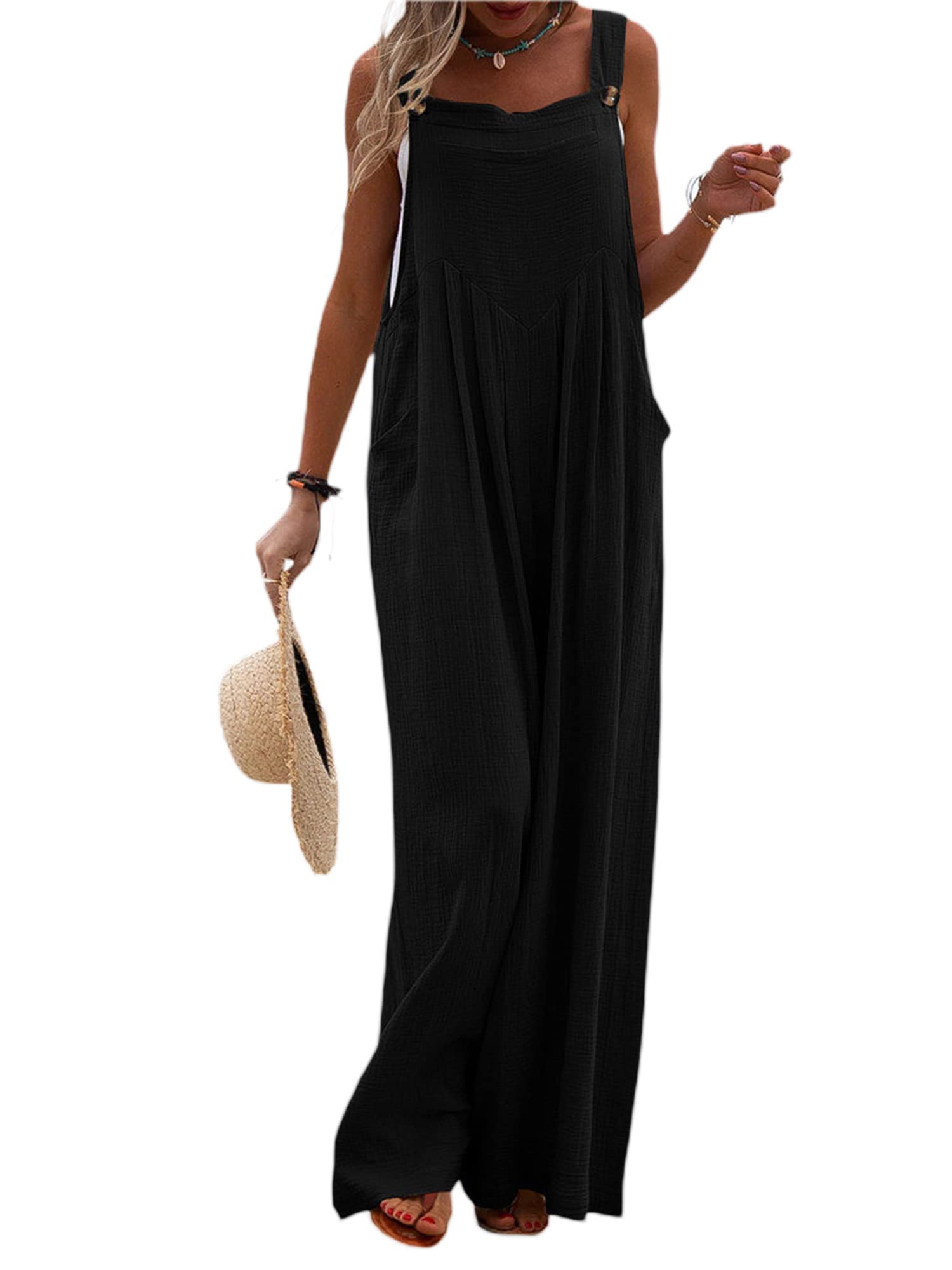 Kaipiclos Women's Loose Fit Linen Overalls - Plus Size Wide Leg Jumpsuit with Pockets | Solid Color Denim Suspenders for Casual Summer Outfits & Boho Fashion