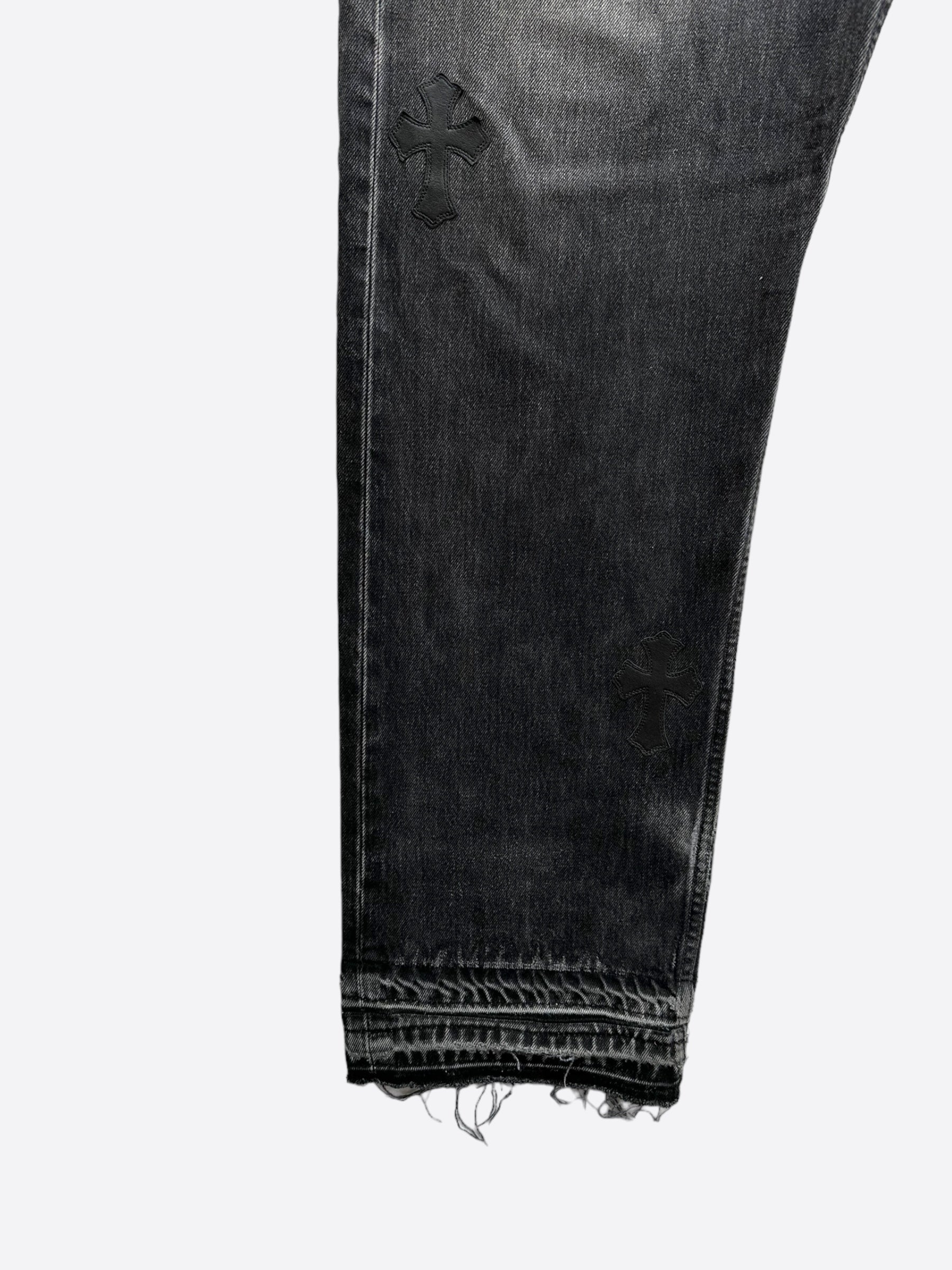 Chrome Hearts x Gallery Dept x Levis Grey & Black Cross Patch Distressed Jeans for Men - Vintage Denim Pants with Unique Design, Perfect for Streetwear & Casual Outfits