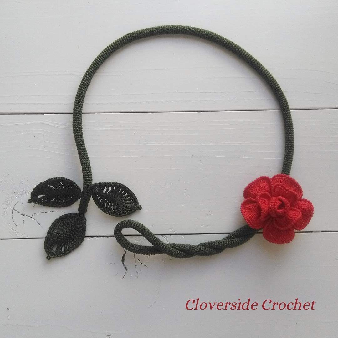 Handmade Crochet Red Rose Necklace with Leaves - Elegant Floral Jewelry for Women - Perfect for Weddings, Parties & Everyday Wear