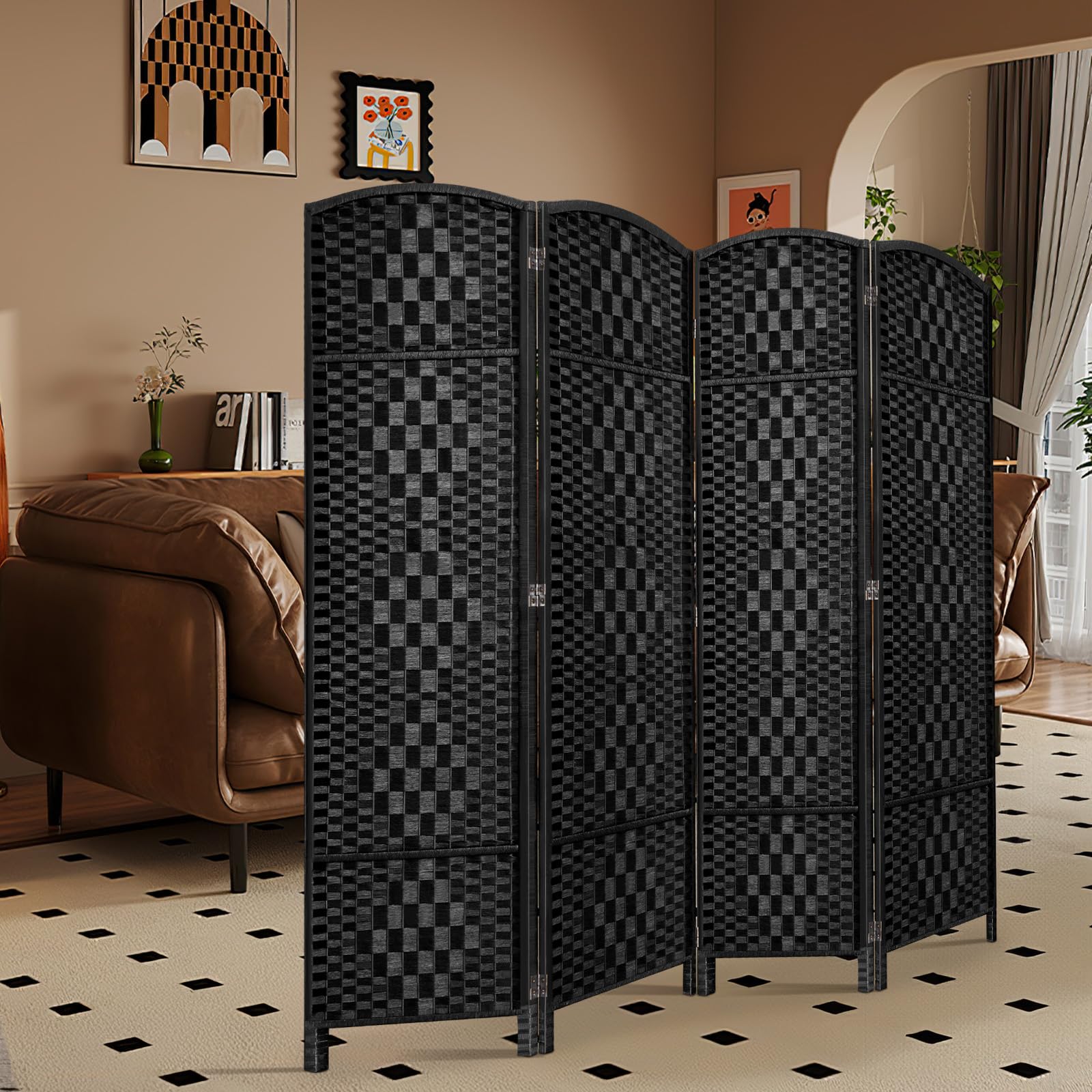 4-Panel Folding Room Divider Privacy Screen - 6ft Tall, 16in Wide Temporary Wall Partition for Home & Office - Black Space Separation Panel for Bedroom, Living Room, or Workspace
