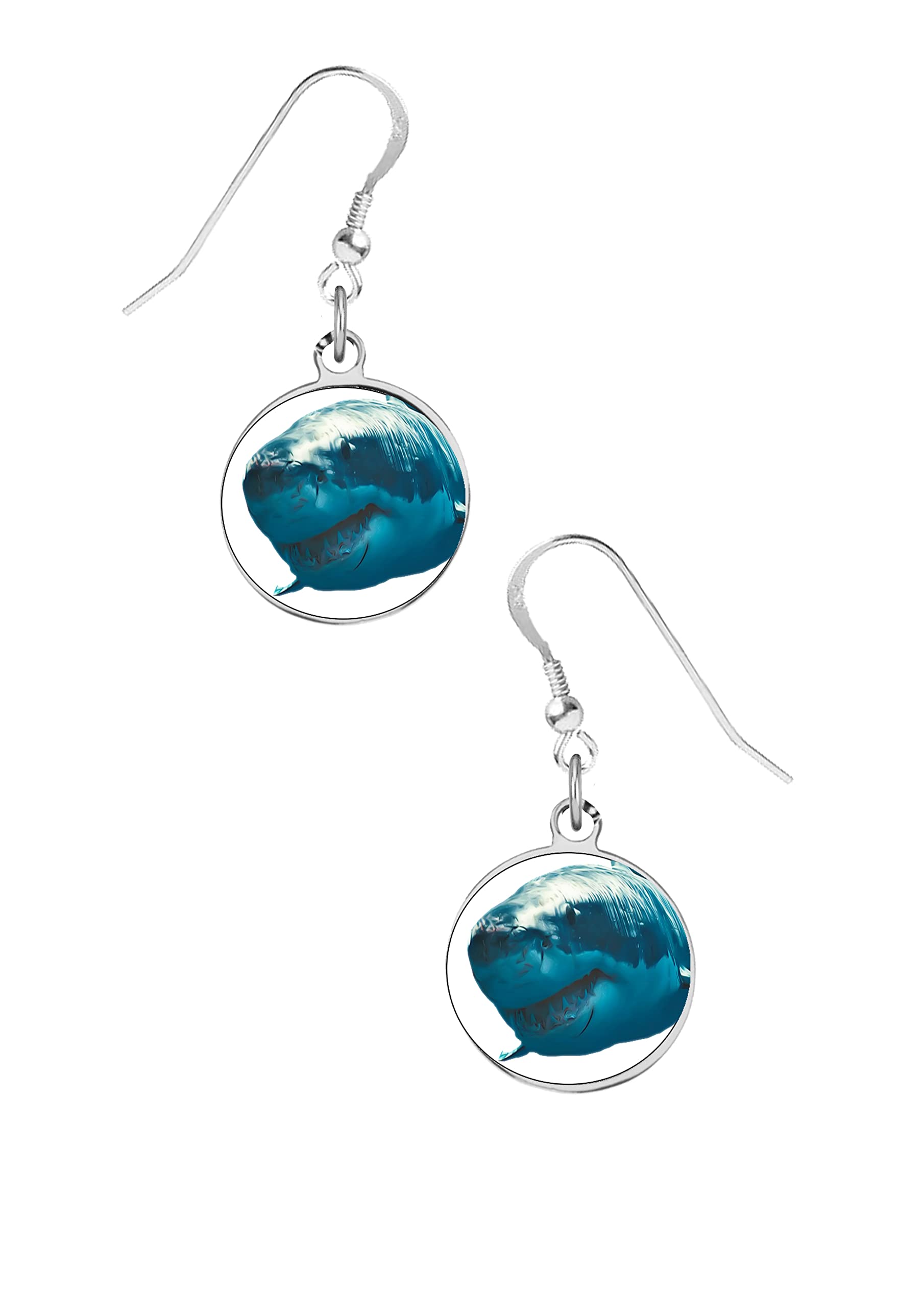 Great White Shark DOME on Hook Earrings - 925 Sterling Silver Stamped Jewelry for Women | Perfect for Beach Parties, Ocean-Themed Events & Shark Lovers