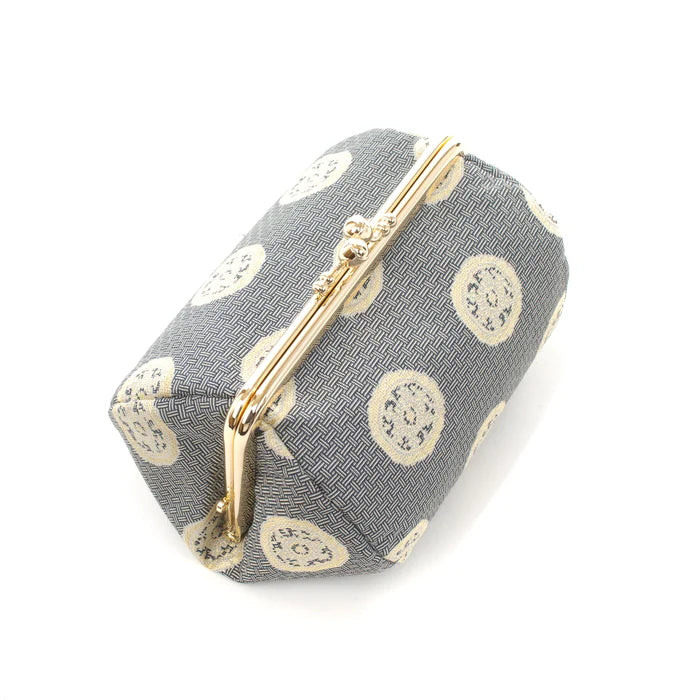 Nishijin Woven Wheel-Shaped Small Pouch - Gray | Handmade in Kyoto Japan | Cosmetic & Makeup Bag, Japanese Gamaguchi Pouch | Perfect for Travel Toiletry, Stationery Organization & Bag Organizer | Elegant Gift for Women & Daily Use Accessory