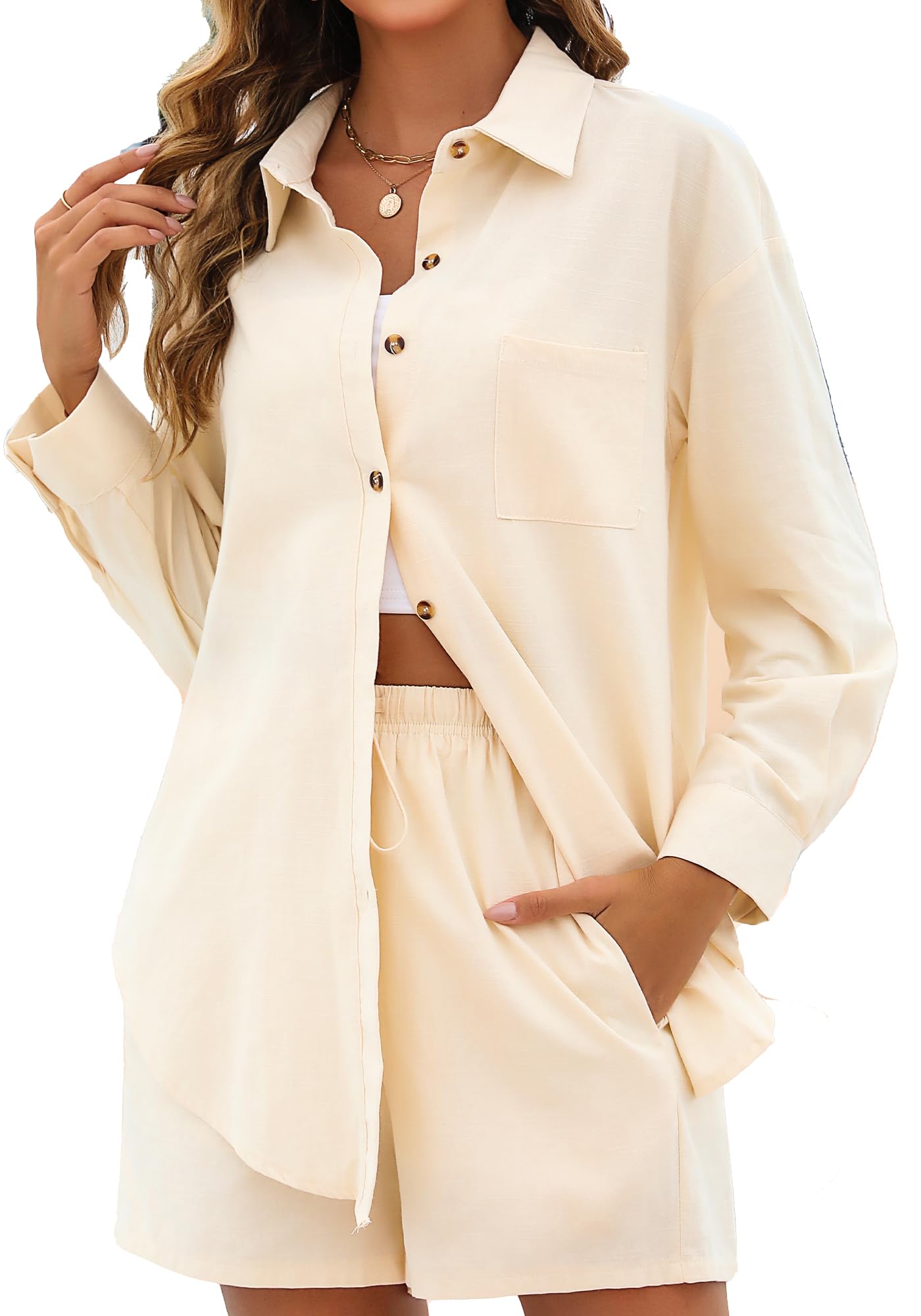 Namifin Women's Linen Two-Piece Set - Casual Button-Down Shirt & High-Waisted Shorts Lounge Outfit | Summer Beachwear, Vacation Outfits, Relaxing at Home