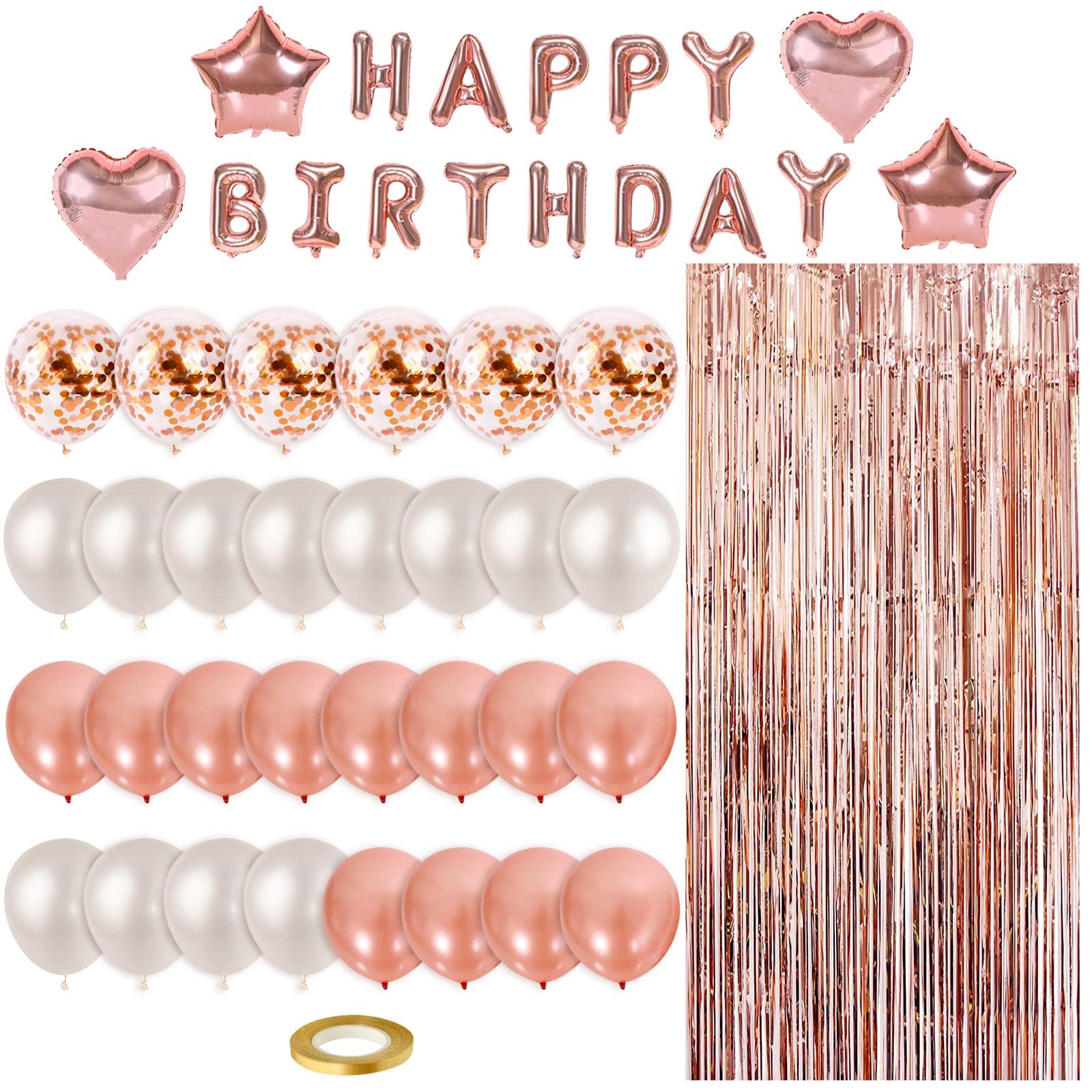 49-Piece Rose Gold Birthday Party Decorations Set - Balloons, Fringed Curtain & 16-Inch Happy Birthday Banner for Women's Birthday, Bridal Shower, Anniversary & Baby Shower Decor