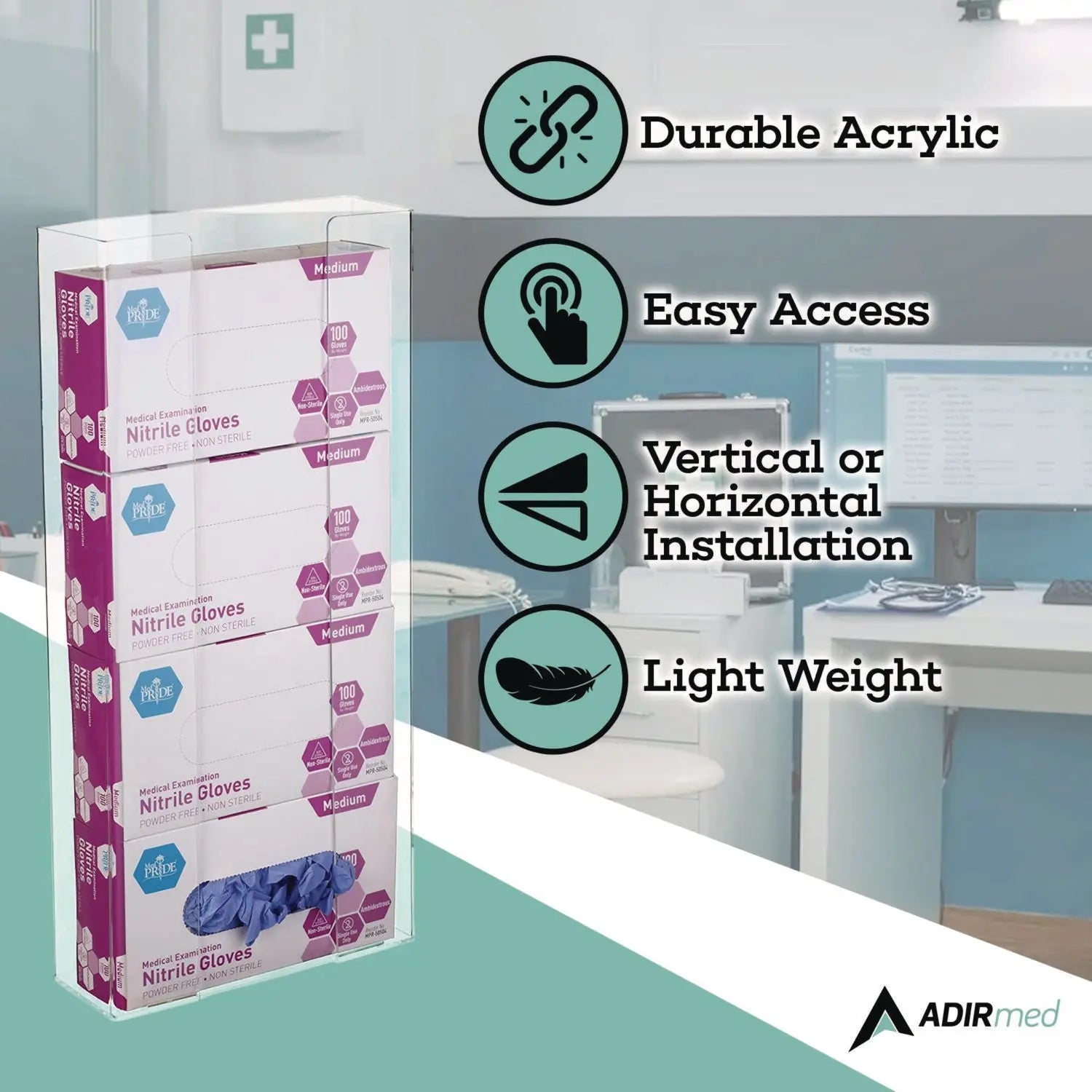 AdirMed Clear Acrylic Glove Dispenser - Quad Box Capacity (10.2