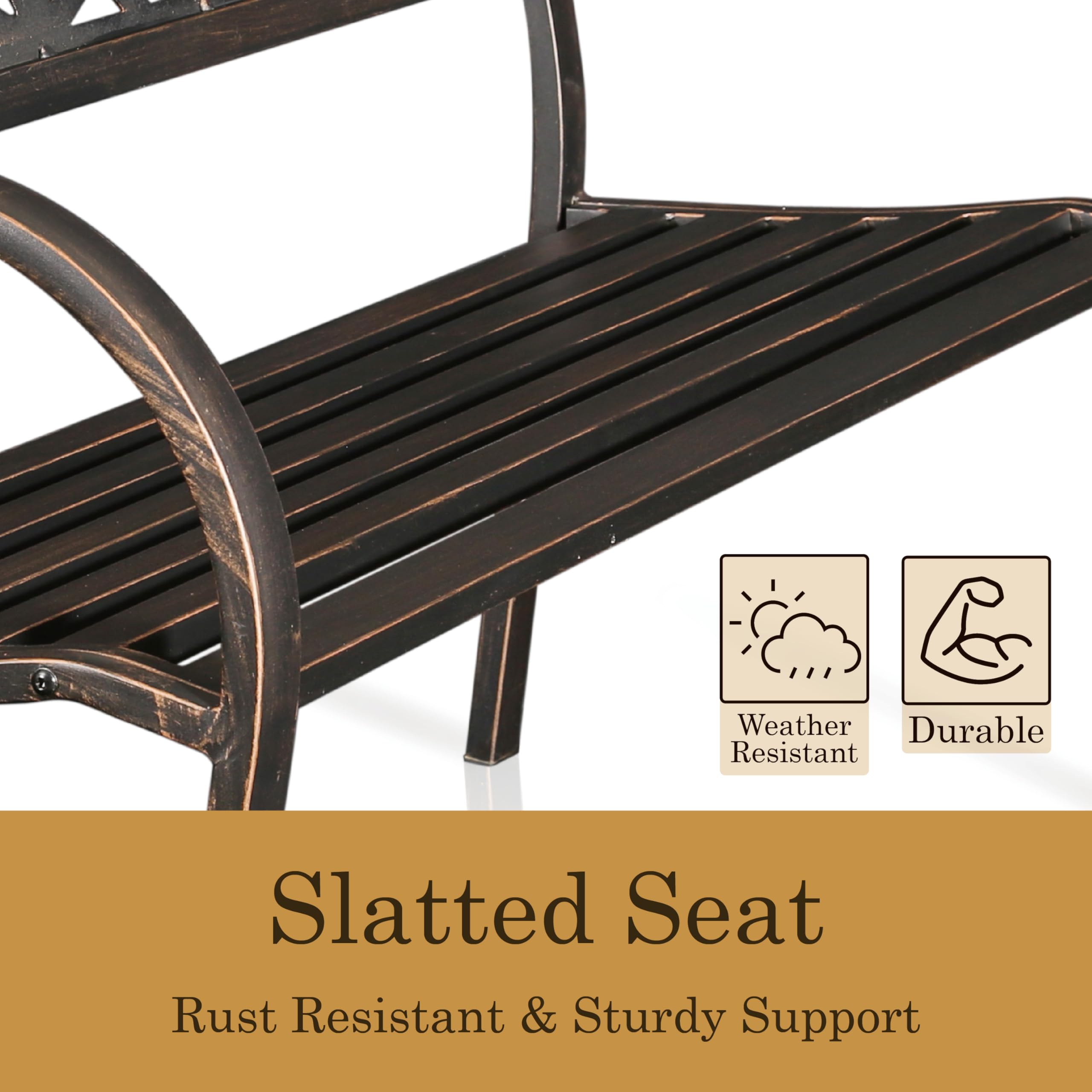 Dolce Contemporary Outdoor Bench with Back - Steel Patio Chair with Floral Dragonfly Design, Lattice Style - Bronze Garden Furniture for Backyard, Front Porch, Lawn (Perfect for Relaxing in Your Outdoor Space)