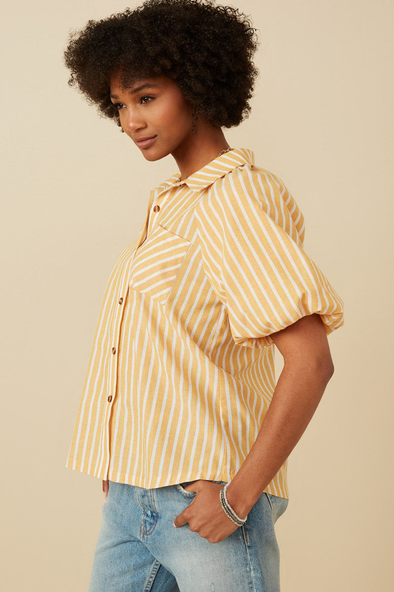 Women's Striped Puff Sleeve Button-Up Poplin Shirt - Casual & Office Wear, Spring Summer Blouse for Work, Date Night & Everyday Outfits