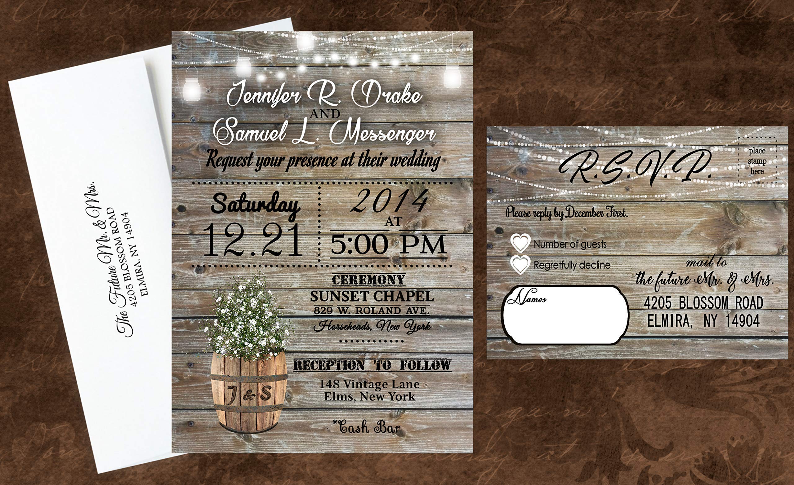 Custom Rustic Wedding Invitations Set of 50 - Personalized Handmade Cards with Matching Envelopes - Perfect for Country Weddings, Barn Weddings & Vintage Themed Celebrations