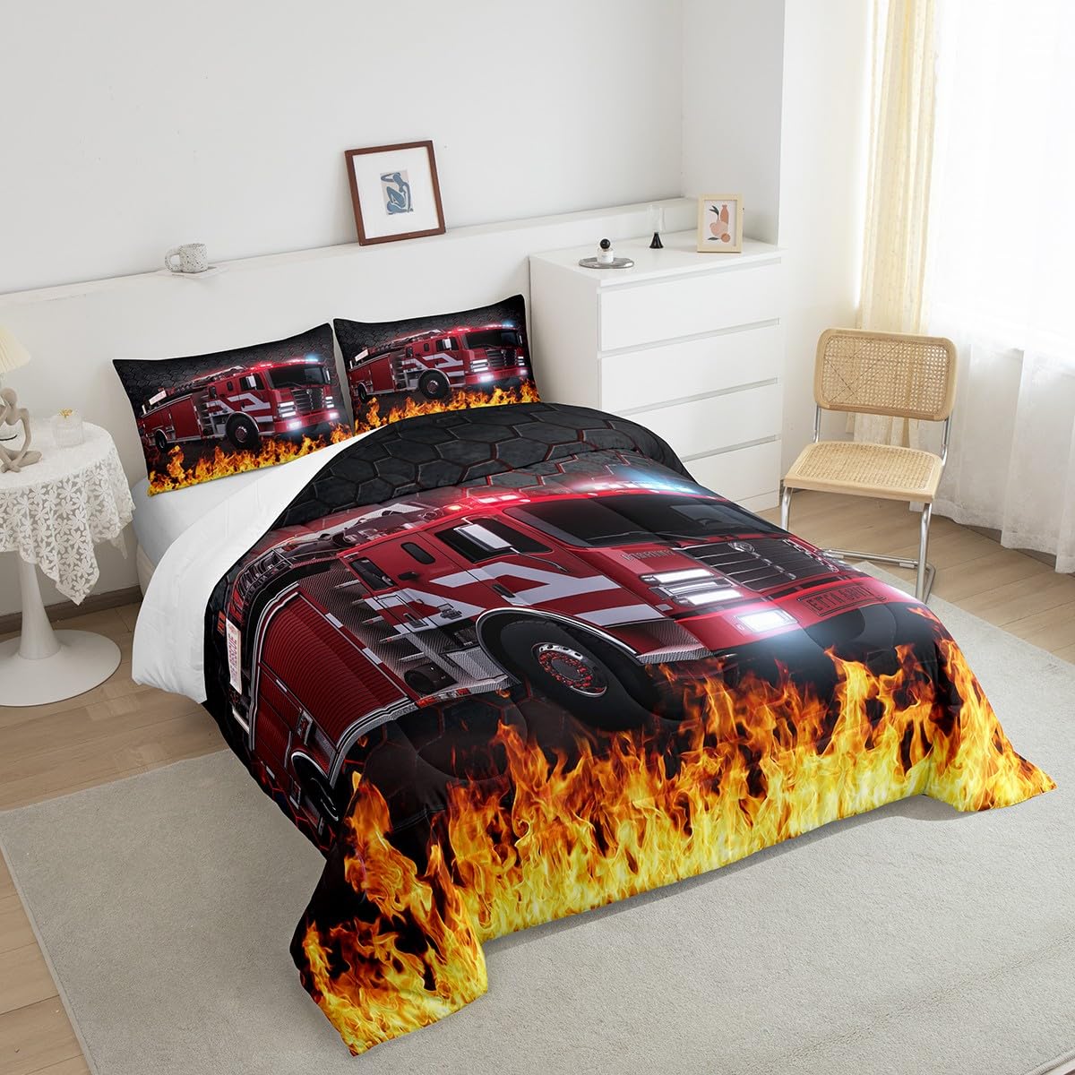 Firefighter Car Comforter Set - Fire Truck Bedding Twin Size Black & Red Honeycomb Quilted Duvet Cover with Pillowcase for Teen Boys, Kids & Young Men | Soft Cozy Bedroom Decor for Firefighter-Themed Rooms & Gift Ideas