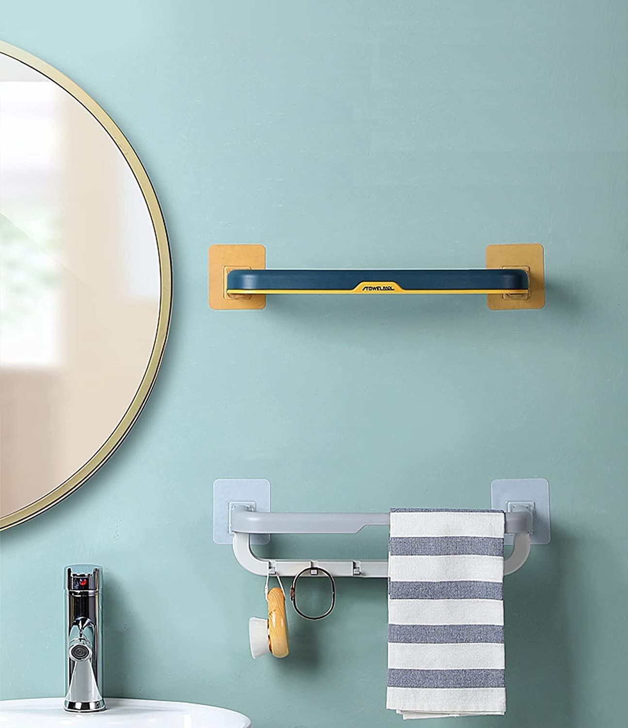 Pushkh Foldable Towel Rack for Bathroom - Wall Mounted Double Layer Towel Holder with Shelves & Hooks | Space Saving Bathroom Organizer | Perfect for Small Bathrooms, Laundry Rooms & Dorm Rooms (Multicolor)