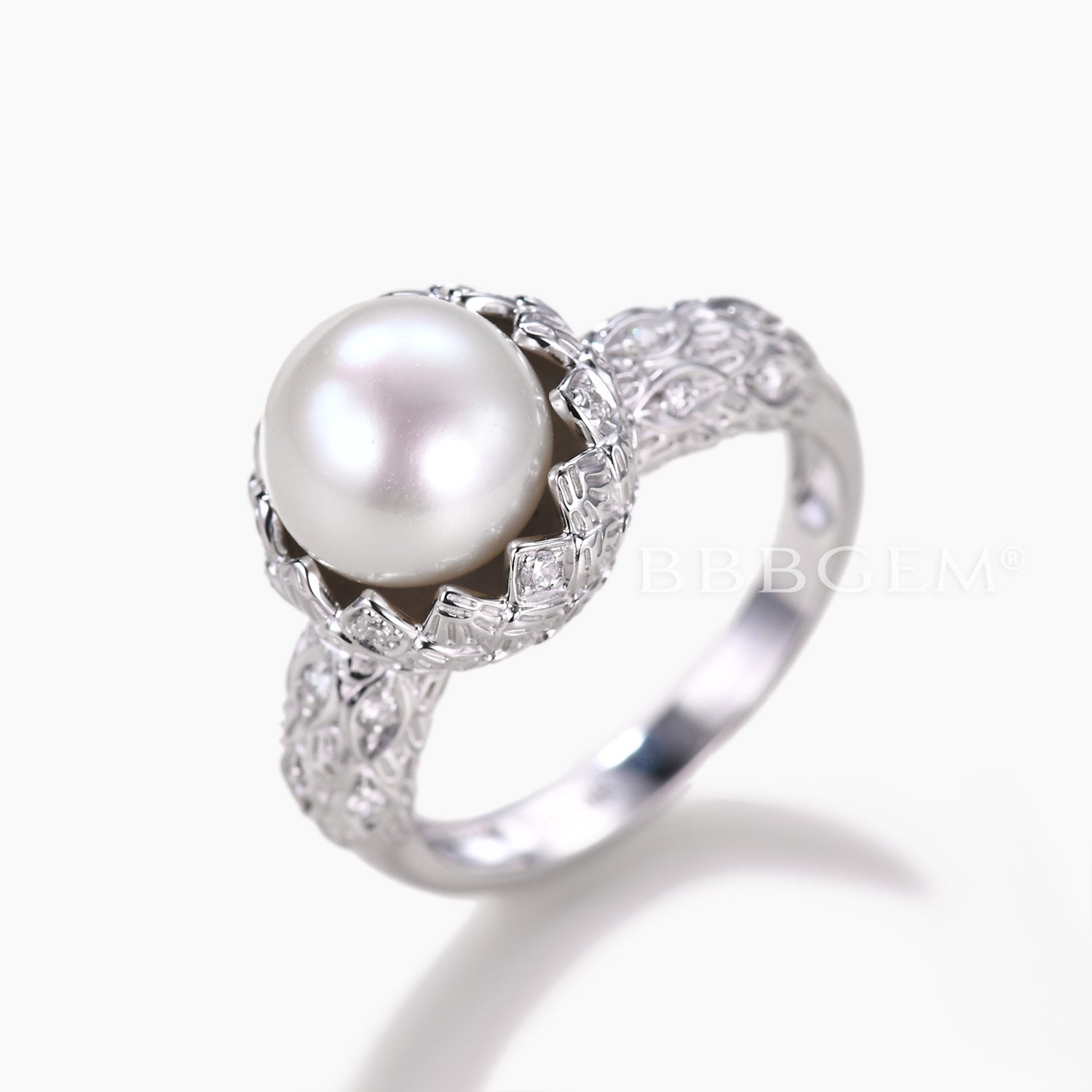 9mm Round Cut Pearl Engagement Ring - Vintage Lotus Diamond White Gold Wedding Band for Brides, Anniversary & Special Occasions