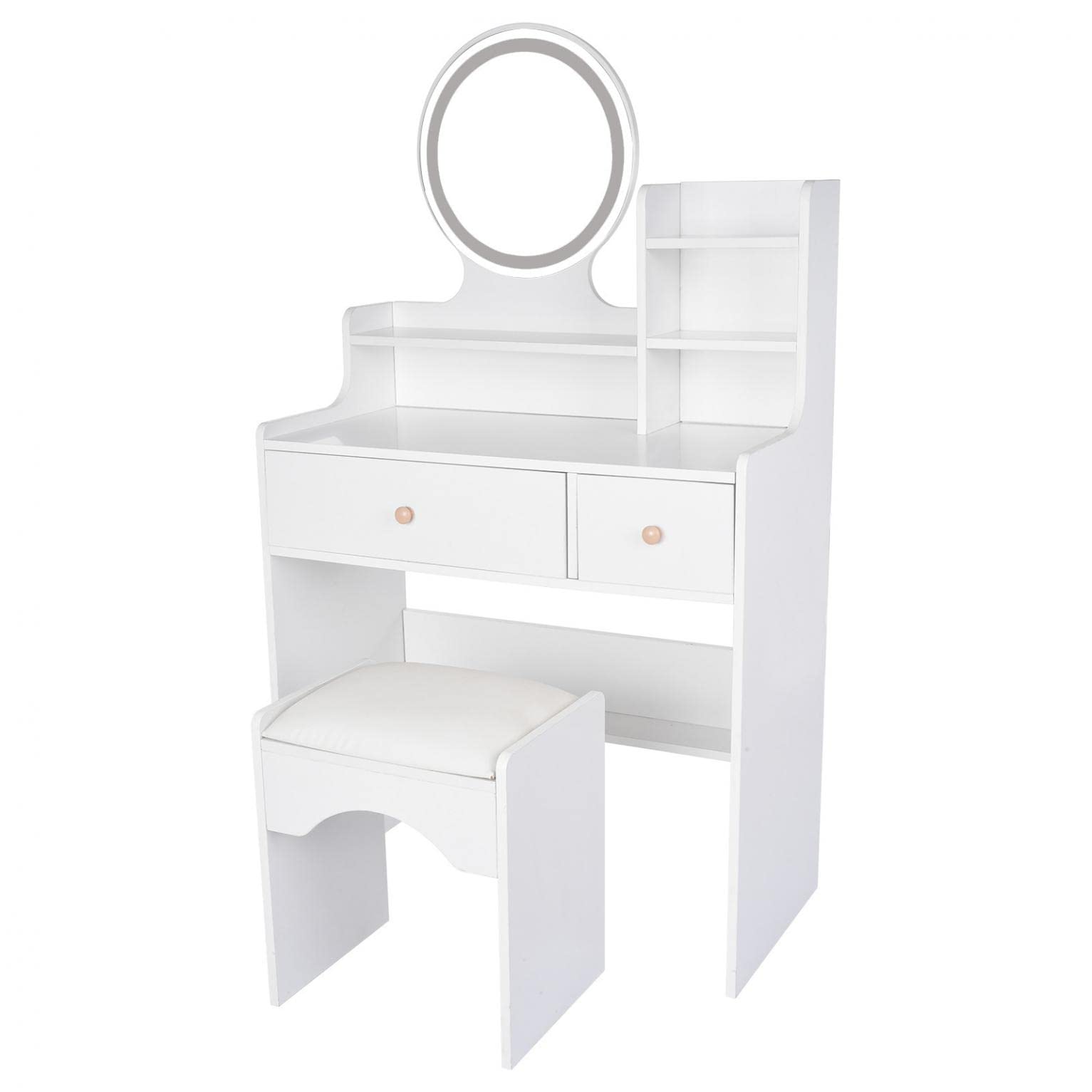 VICXYY White Vanity Desk with Round Mirror, Touch Screen Switch & Adjustable Brightness - Includes Stool, 2 Drawers & Shelves - Industrial Style Vanity Table for Bedroom Makeup & Dressing Area - Perfect for Small Spaces & Modern Home Decor