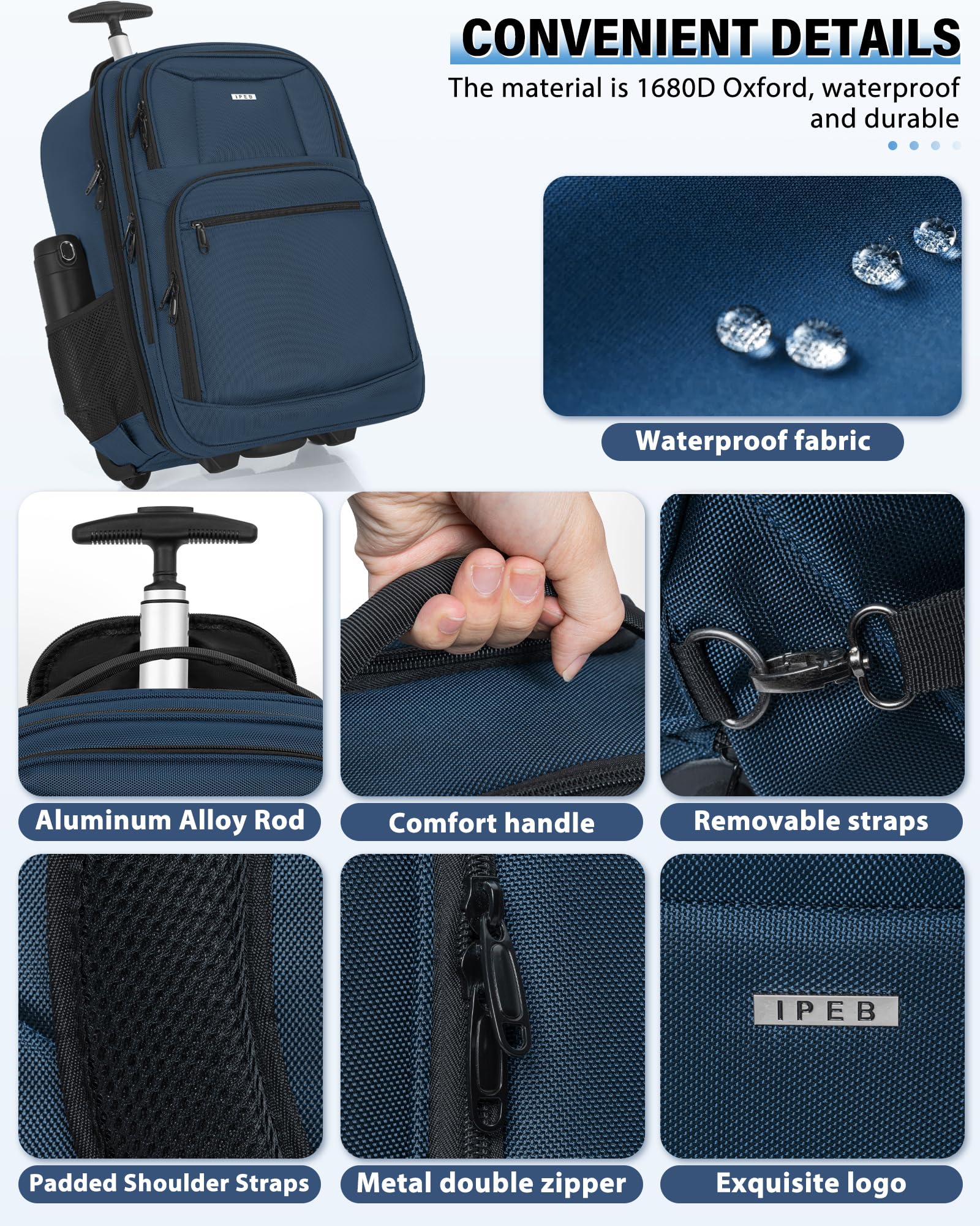 Waterproof Rolling Business Backpack with Wheels - Fits 18 Inch Laptop, Trolley Travel Bag for Commuters & Business Trips (Blue) - Perfect for Airports, Office & Daily Commute
