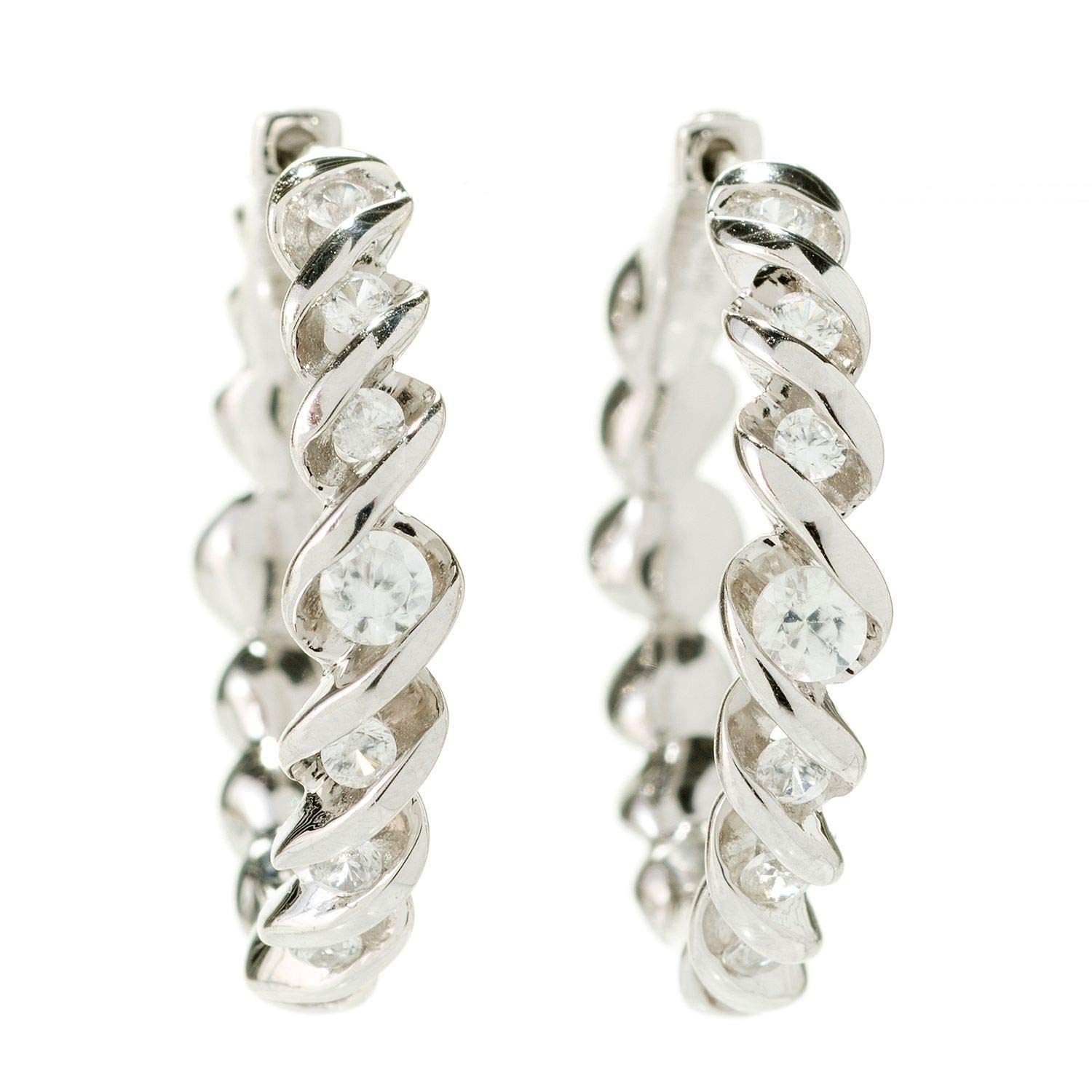 1ctw Rhodium Plated Silver Twisted Hoop Earrings with White Zircon - 0.9 Inch Length - Elegant Dangling Earrings for Women, Perfect for Parties, Weddings & Everyday Wear