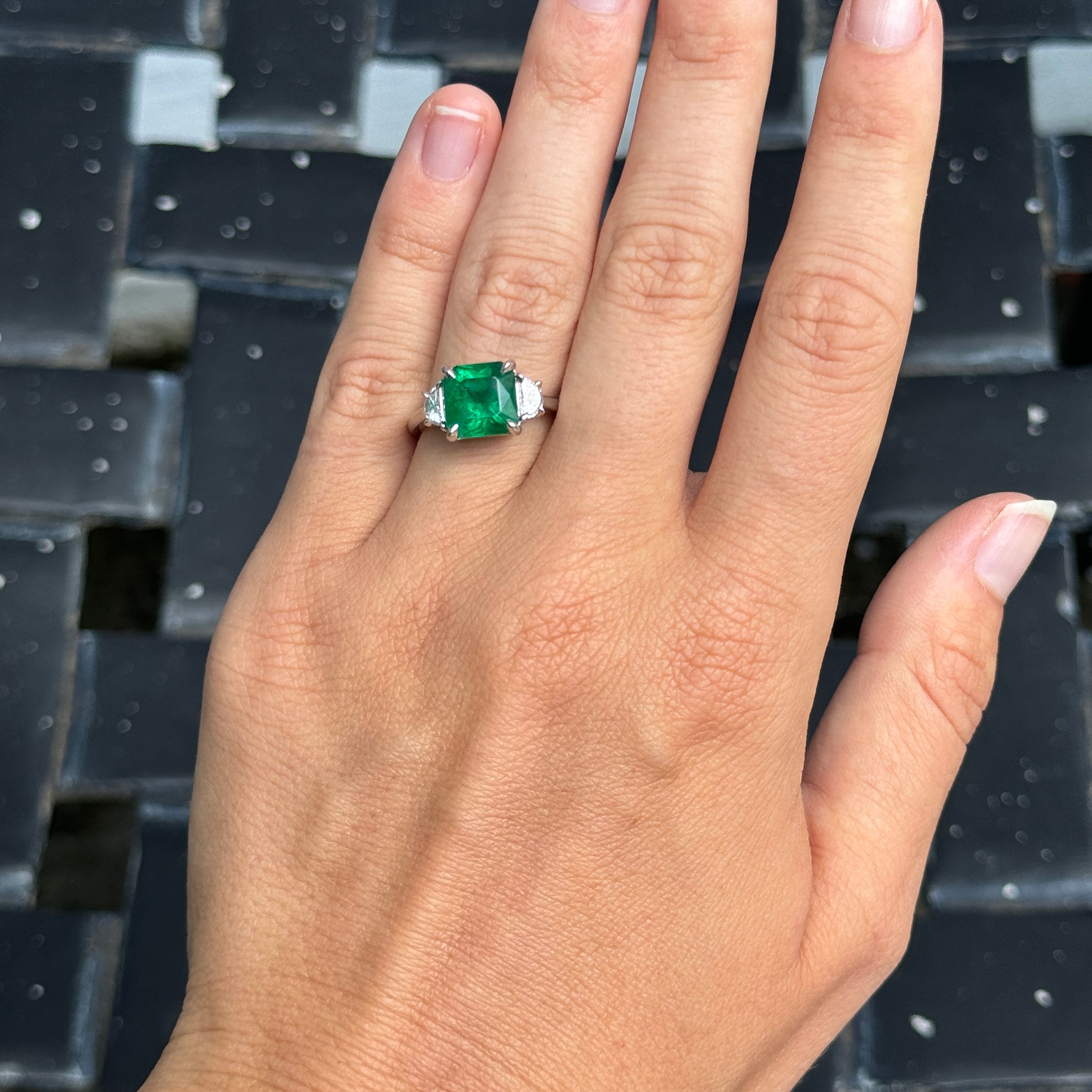 3ct Square Emerald & Half Moon Diamond Three Stone Platinum Ring - Elegant Engagement & Wedding Jewelry for Women