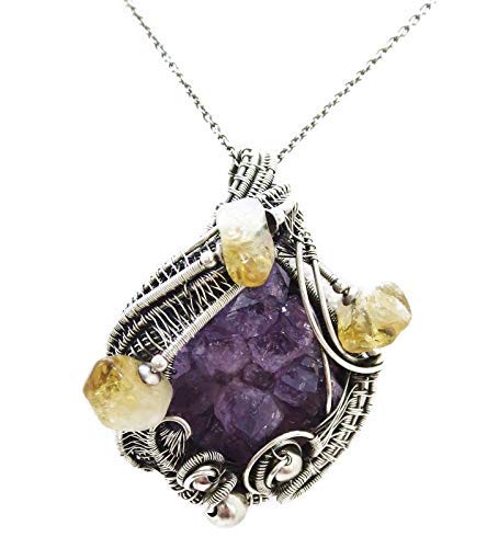 Natural Amethyst Stalactite Druzy Pendant with Citrine Accents - Sterling Silver Wire Wrapped Jewelry for Women - Perfect for Spiritual Healing, Meditation & Boho Fashion