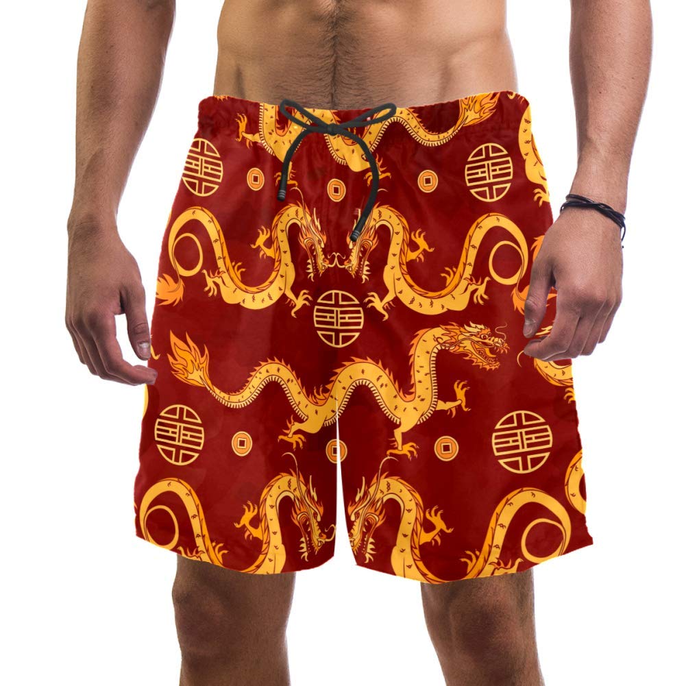 Men's Beach Shorts with Chinese Gold Dragon Pattern - Elastic Swim Trunks & Board Shorts for Swimming, Surfing & Summer Vacation