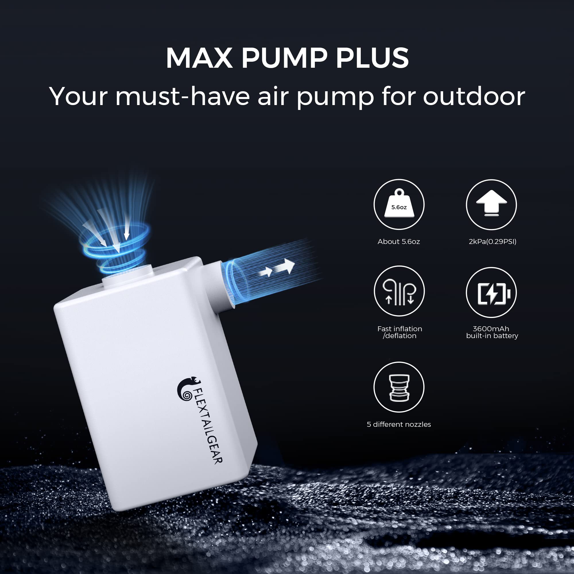 FLEXTAILGEAR MAX Pump Plus - Portable USB Rechargeable Air Pump with 3600mAh Battery, Fast Inflation & Deflation for Air Mattress, Pool Floats, Swimming Rings, Inflatables - Lightweight Camping & Travel Gear (White)